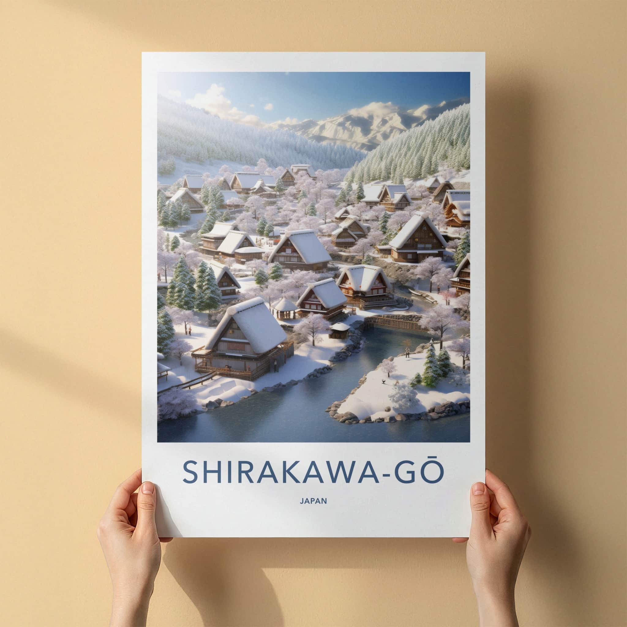 Shirakawa-Go Poster - Japan Travel Art - Snowy Village Stream Home Decor