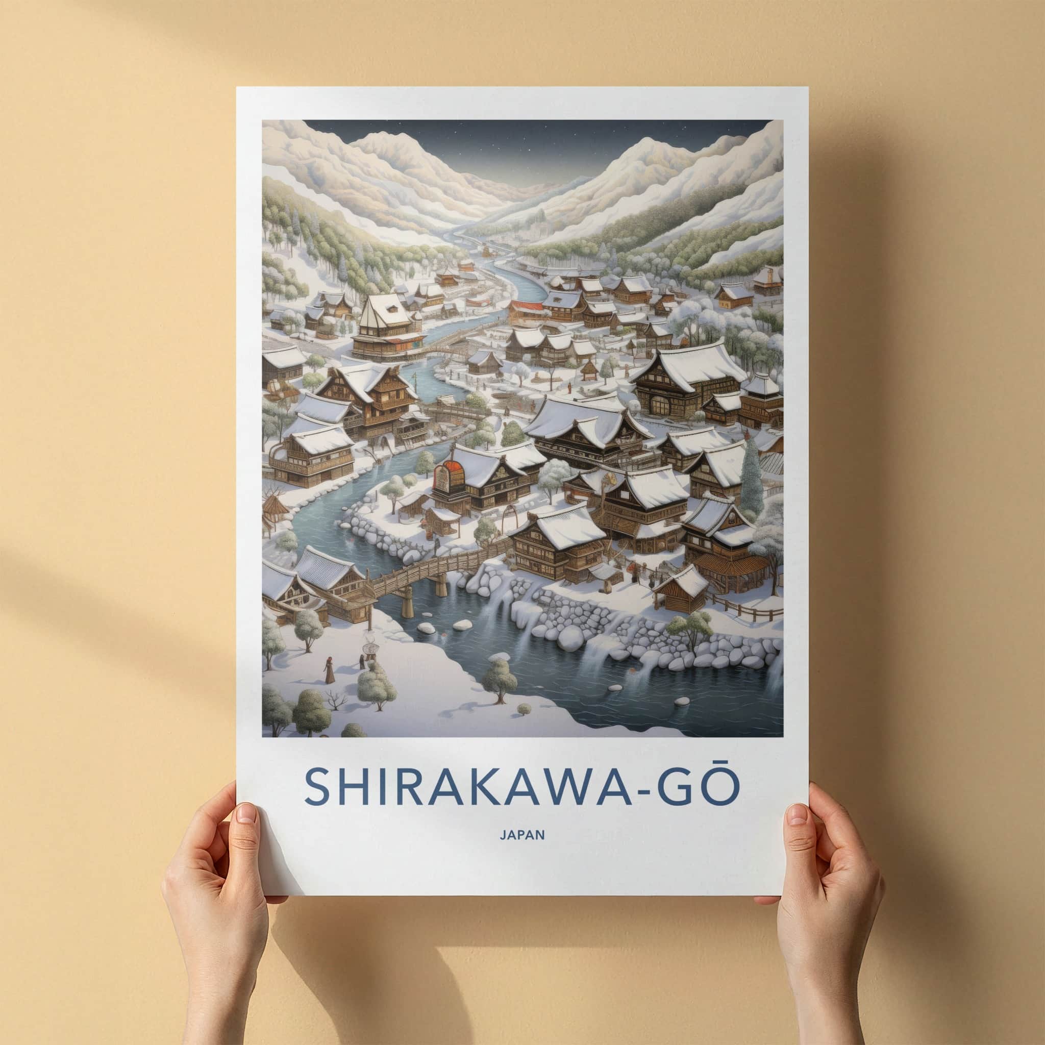 Shirakawa-Go Poster - Japan Travel Art - Winter Village River Home Decor
