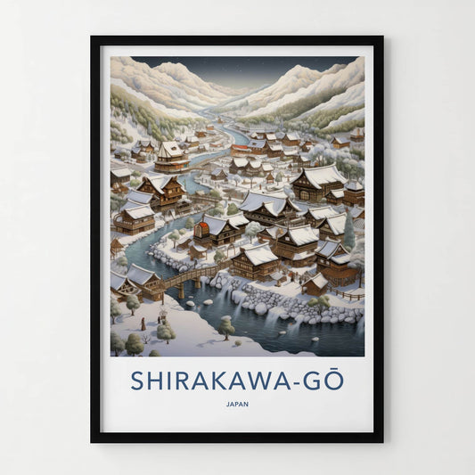 Shirakawa-Go Poster - Japan Travel Art - Winter Village River Home Decor