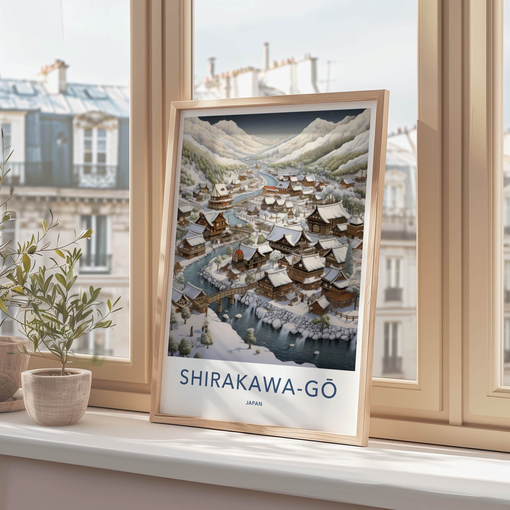 Shirakawa-Go Poster - Japan Travel Art - Winter Village River Home Decor