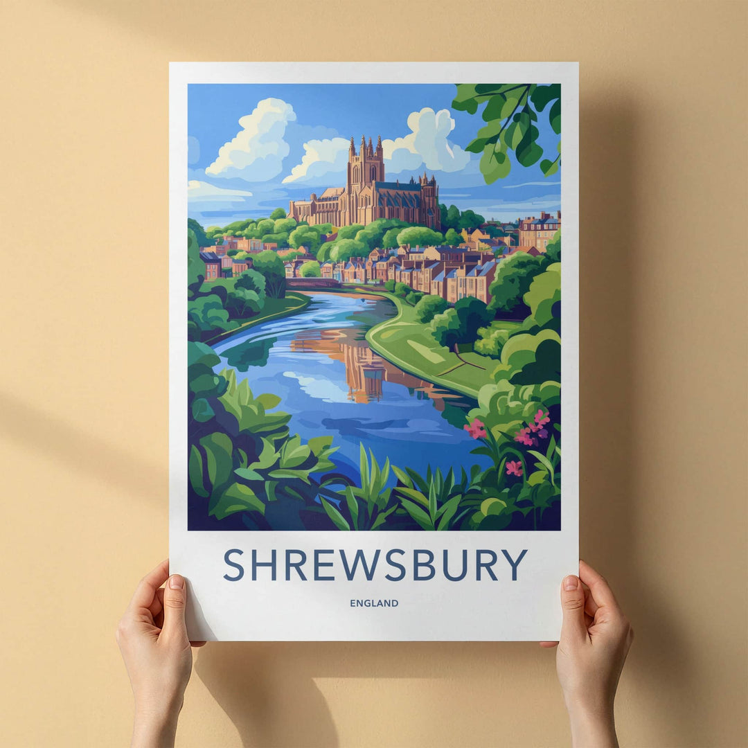 Shrewsbury Poster - England Travel Art - Historic Riverside Cathedral Home Decor