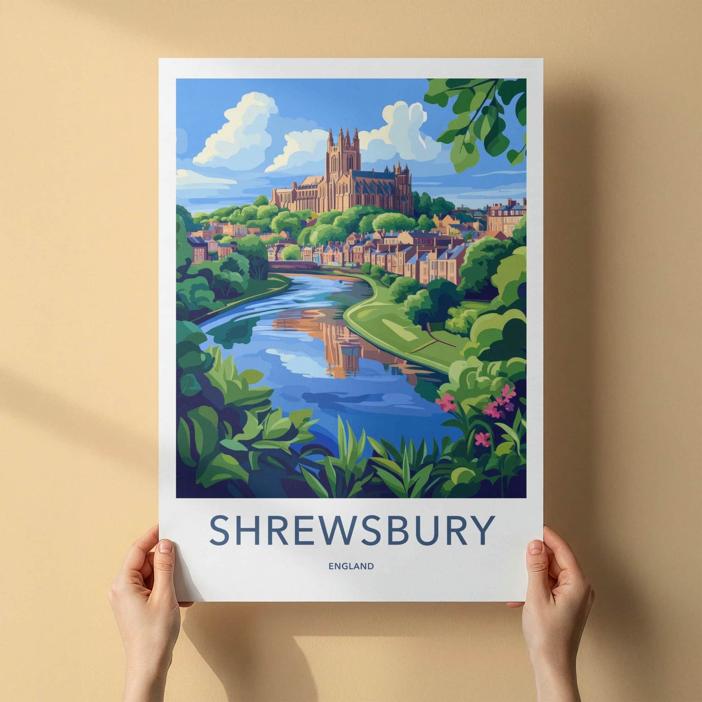 Shrewsbury Poster - England Travel Art - Historic Riverside Cathedral Home Decor