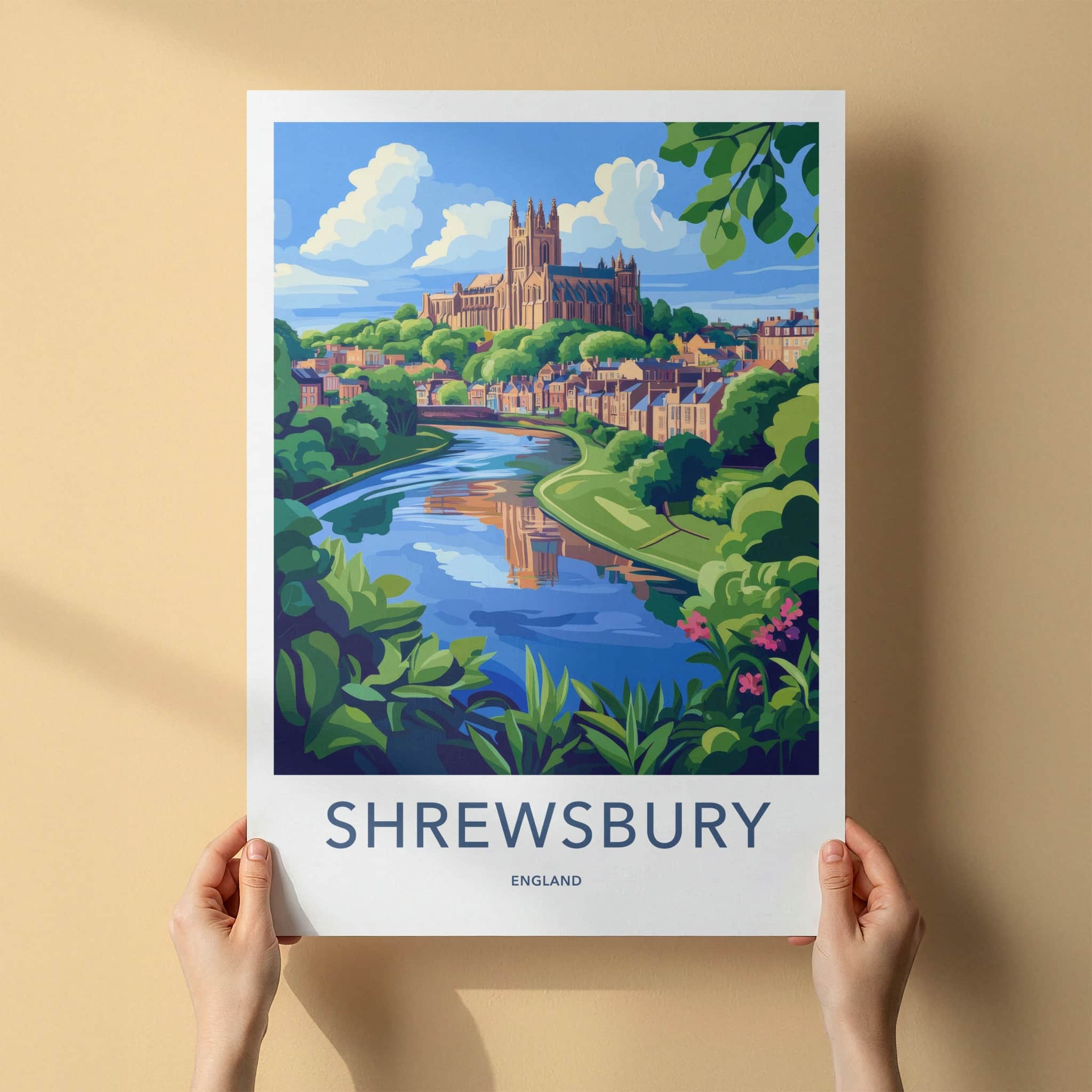 Shrewsbury Poster - England Travel Art - Historic Riverside Cathedral Home Decor