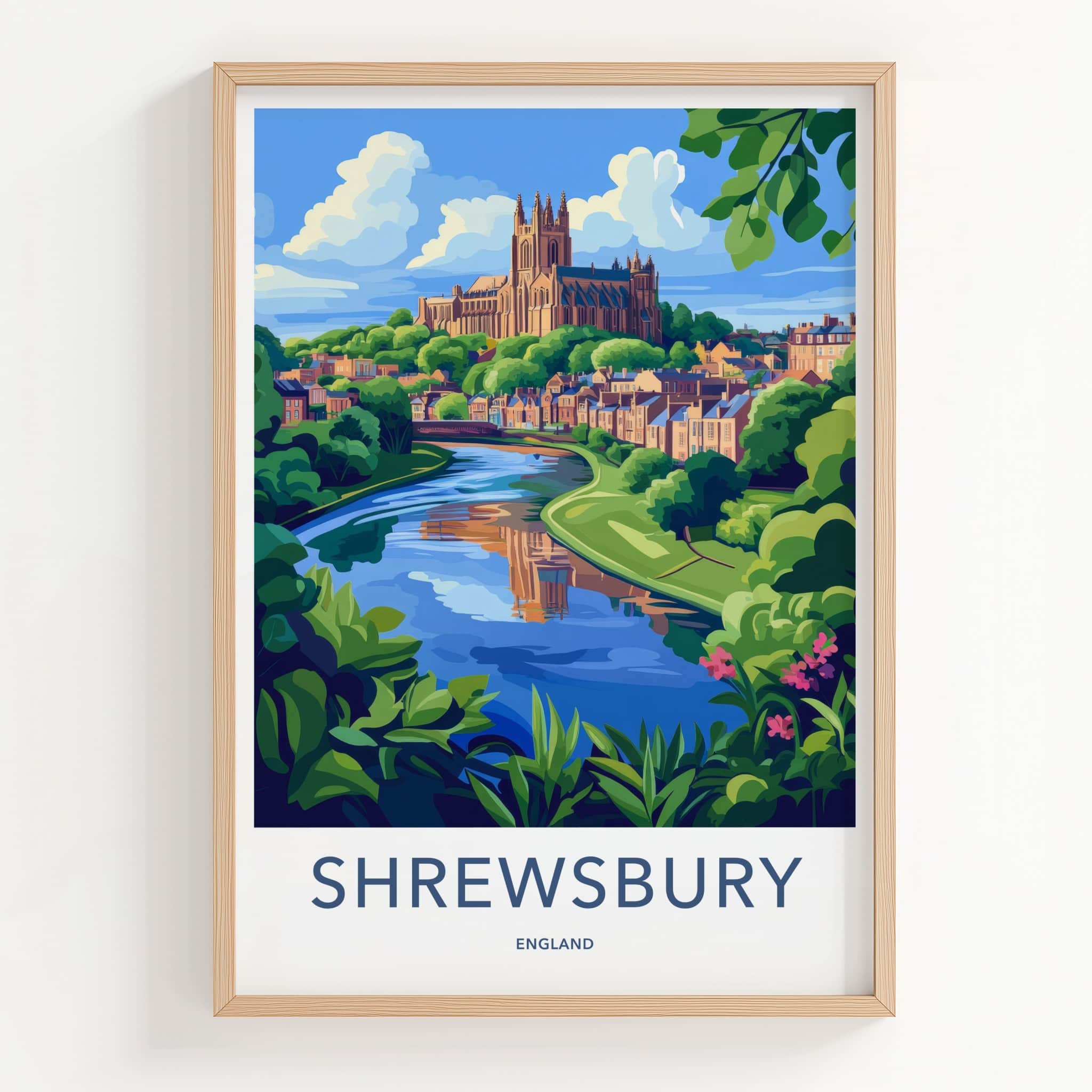 Shrewsbury Poster - England Travel Art - Historic Riverside Cathedral Home Decor