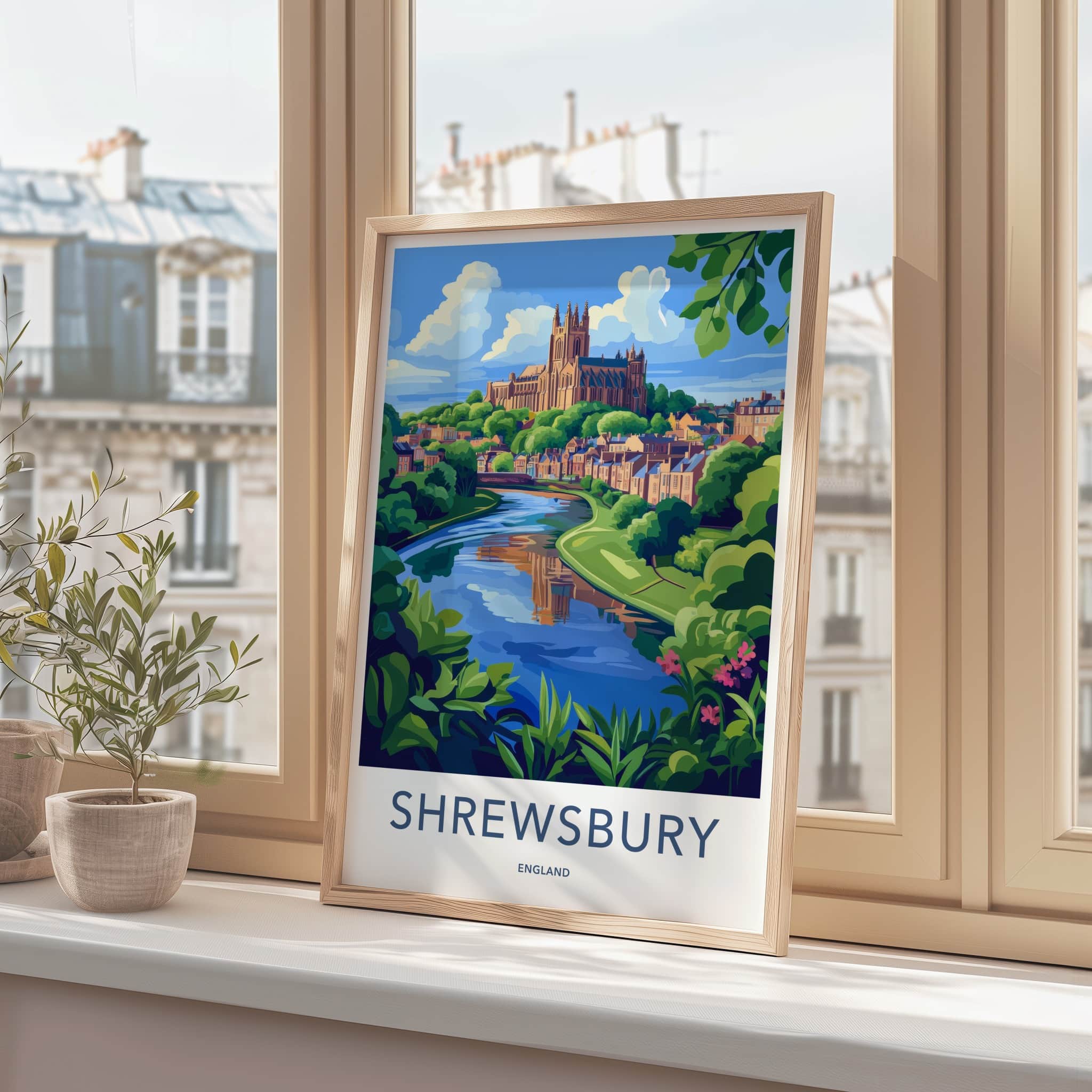 Shrewsbury Poster - England Travel Art - Historic Riverside Cathedral Home Decor