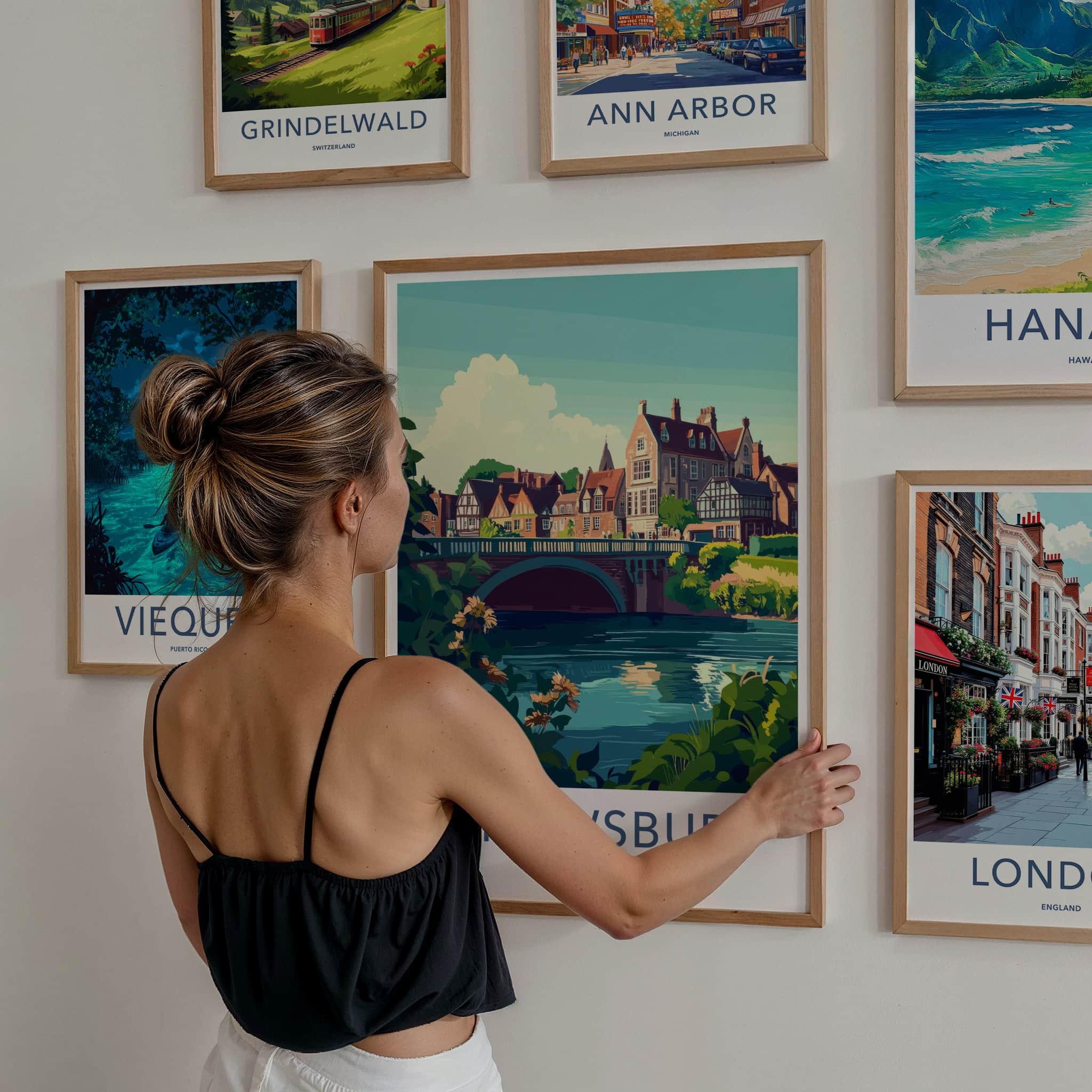 Shrewsbury Poster - England Travel Art - Riverside Bridge Town Wall Decor