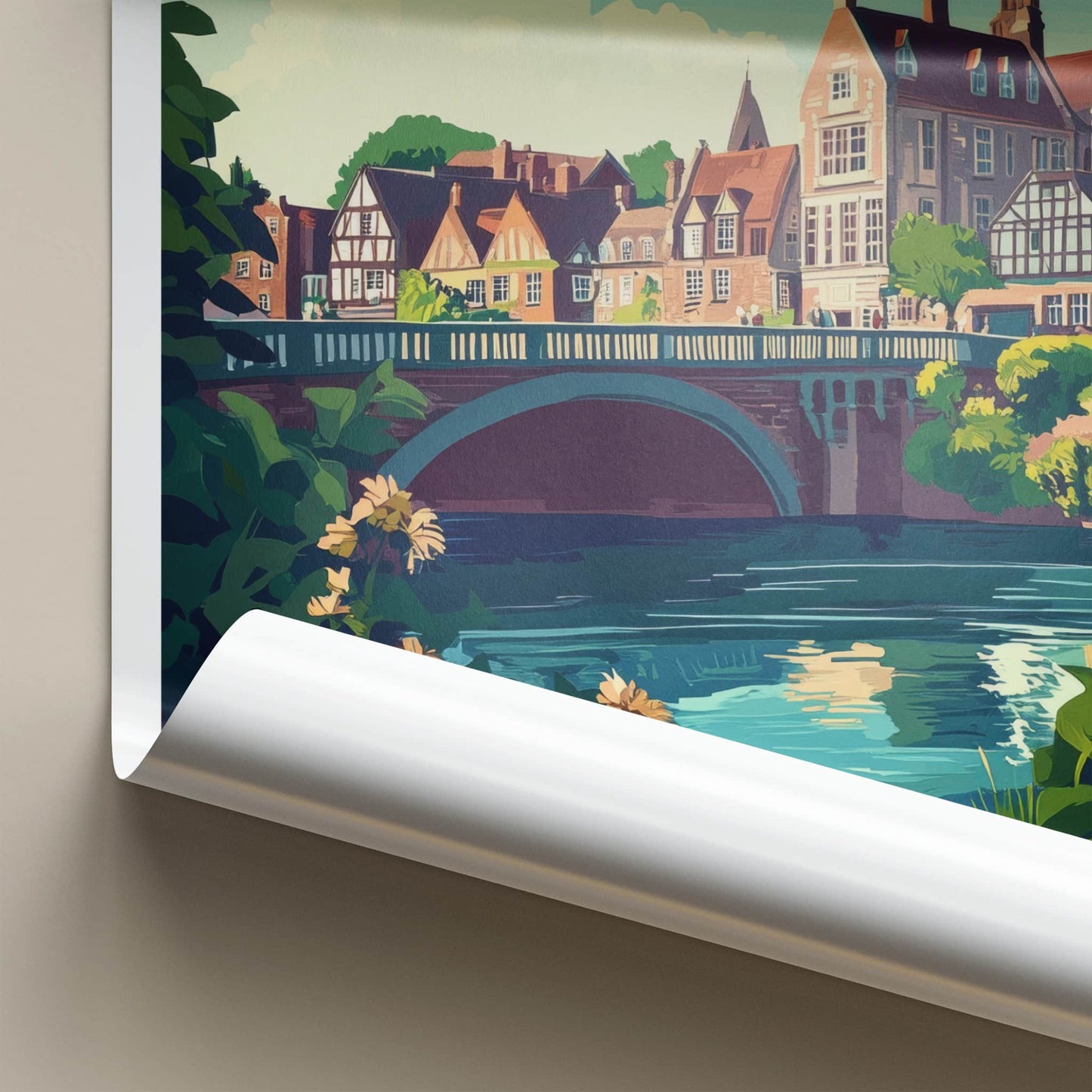 Shrewsbury Poster - England Travel Art - Riverside Bridge Town Wall Decor