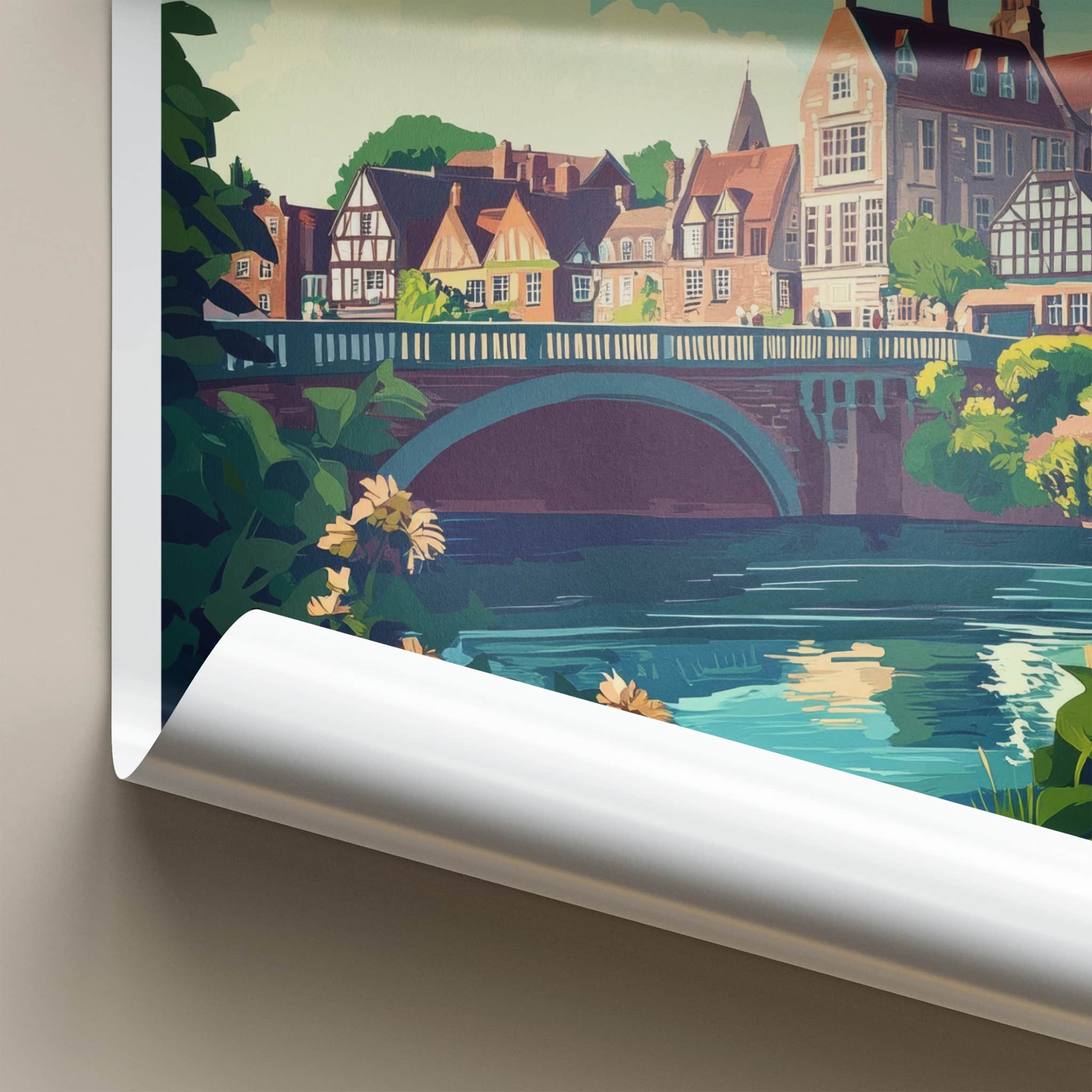Shrewsbury Poster - England Travel Art - Riverside Bridge Town Wall Decor