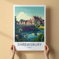 Shrewsbury Poster - England Travel Art - Riverside Bridge Town Wall Decor