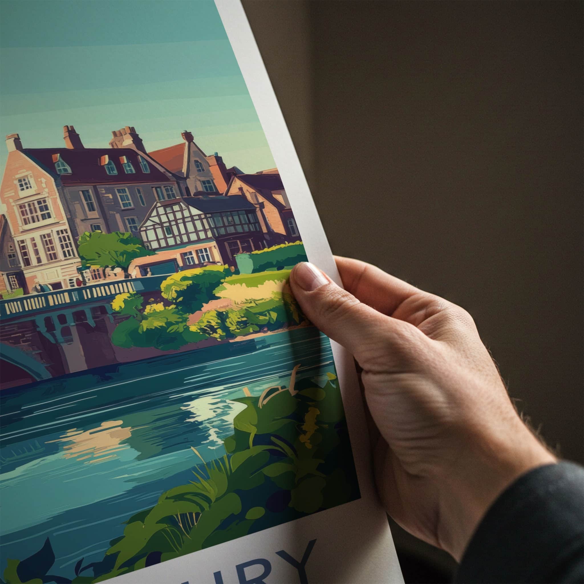 Shrewsbury Poster - England Travel Art - Riverside Bridge Town Wall Decor