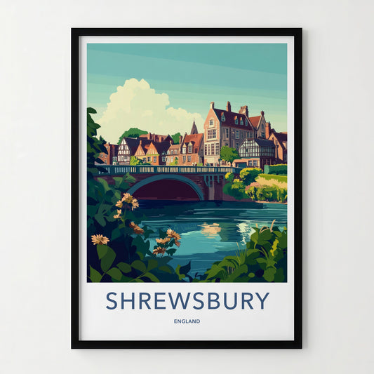 Shrewsbury Poster - England Travel Art - Riverside Bridge Town Wall Decor
