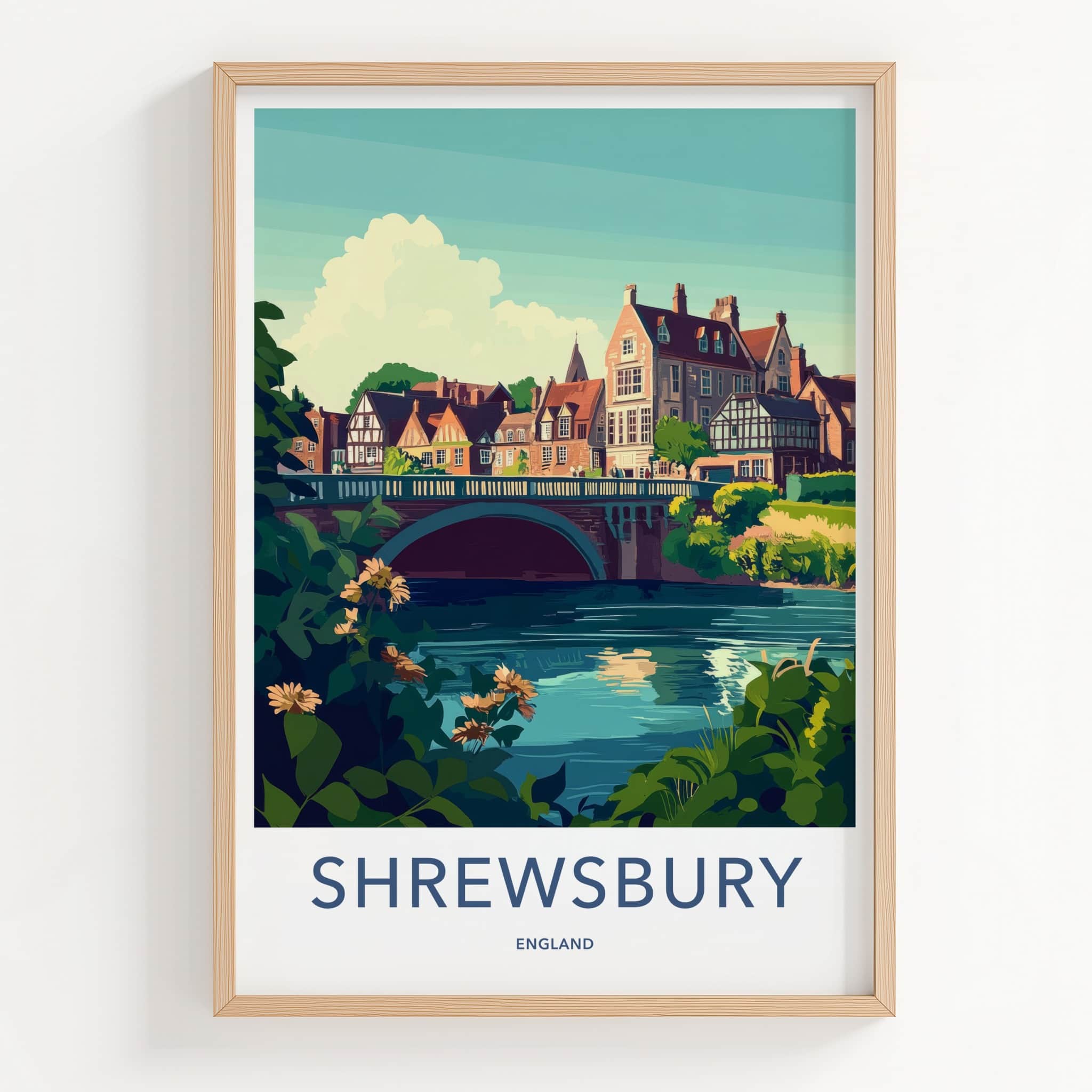 Shrewsbury Poster - England Travel Art - Riverside Bridge Town Wall Decor