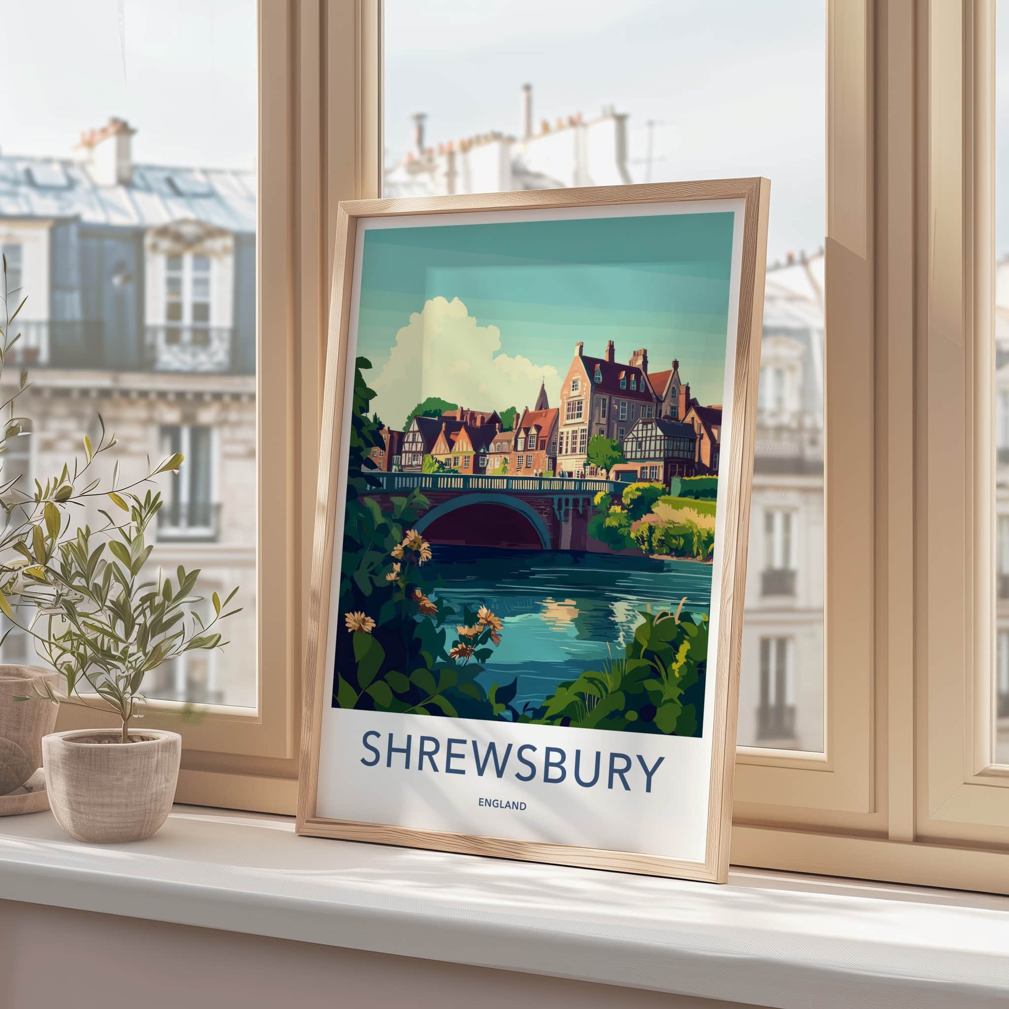 Shrewsbury Poster - England Travel Art - Riverside Bridge Town Wall Decor