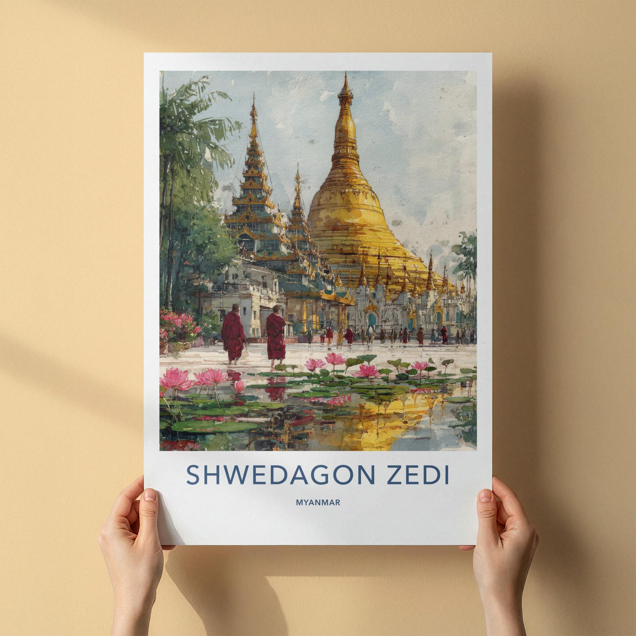 Shwedagon Zedi Poster - Myanmar Travel Art - Golden Pagoda Lotus Home Decor