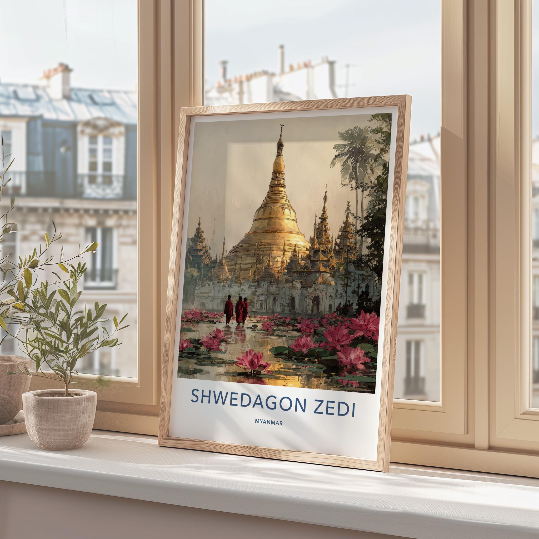 Shwedagon Zedi Poster - Myanmar Travel Art - Golden Pagoda Lotuses Home Decor