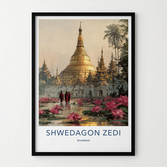 Shwedagon Zedi Poster - Myanmar Travel Art - Golden Pagoda Lotuses Home Decor