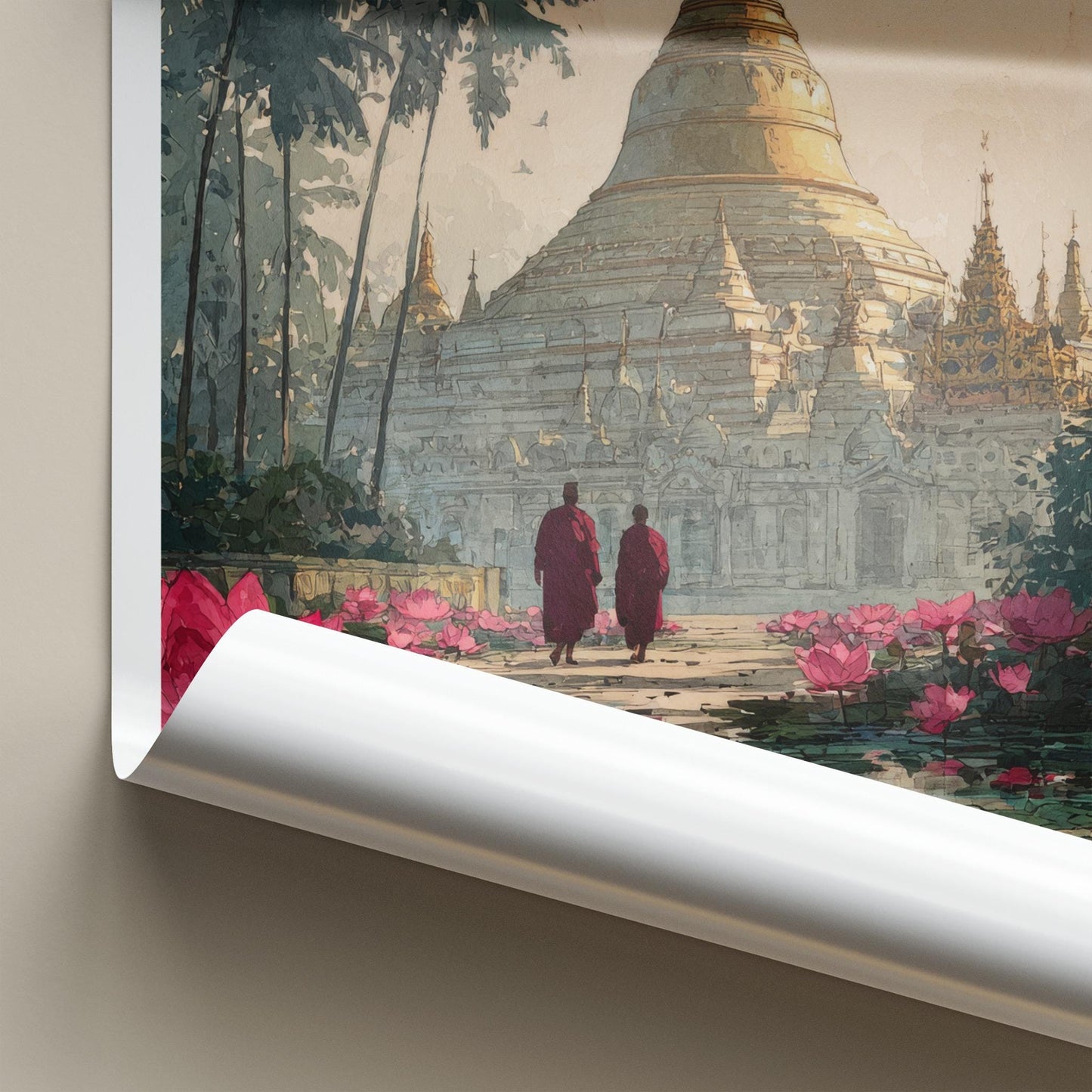 Shwedagon Zedi Poster - Myanmar Travel Art - Monks Lotus Pagoda Home Decor