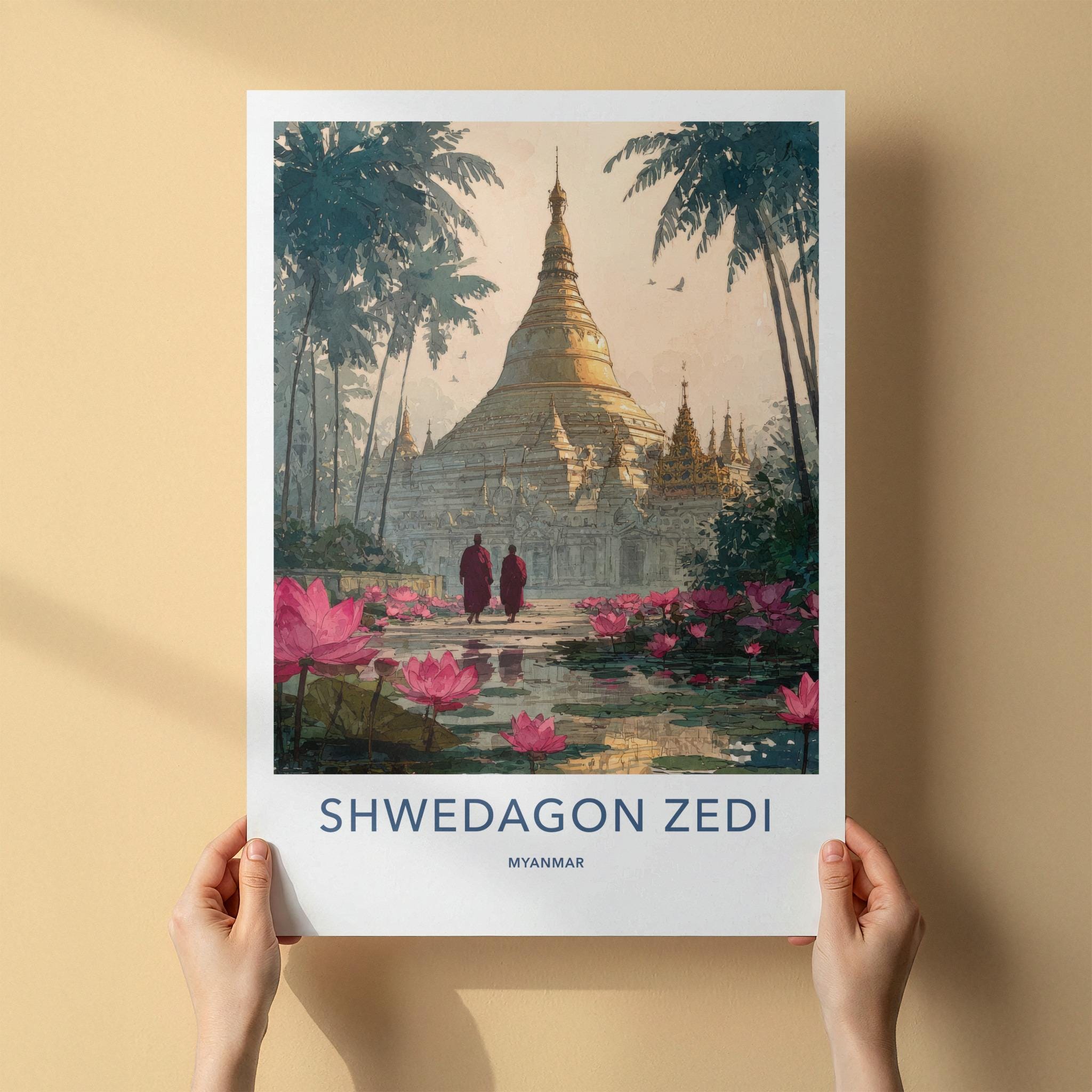 Shwedagon Zedi Poster - Myanmar Travel Art - Monks Lotus Pagoda Home Decor