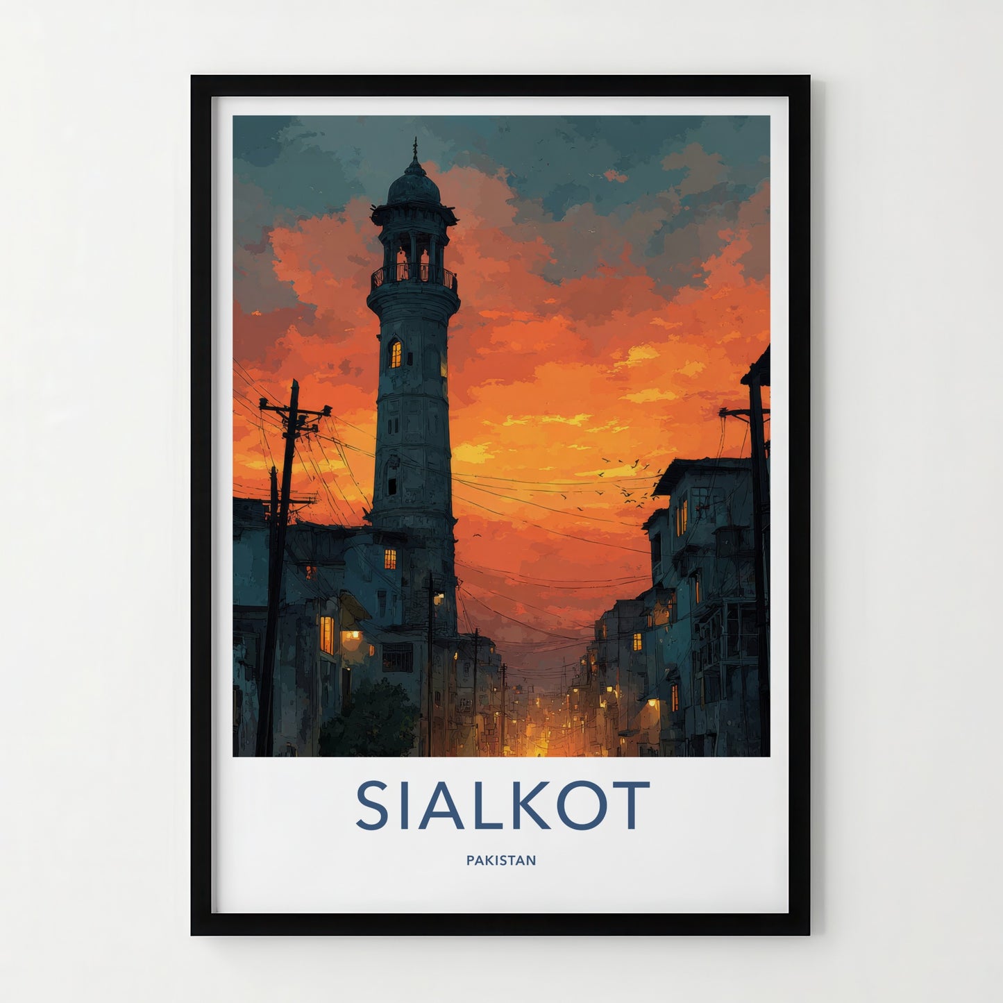 Sialkot Poster - Pakistan Travel Art - Sunset Minaret Lights Wall Decor