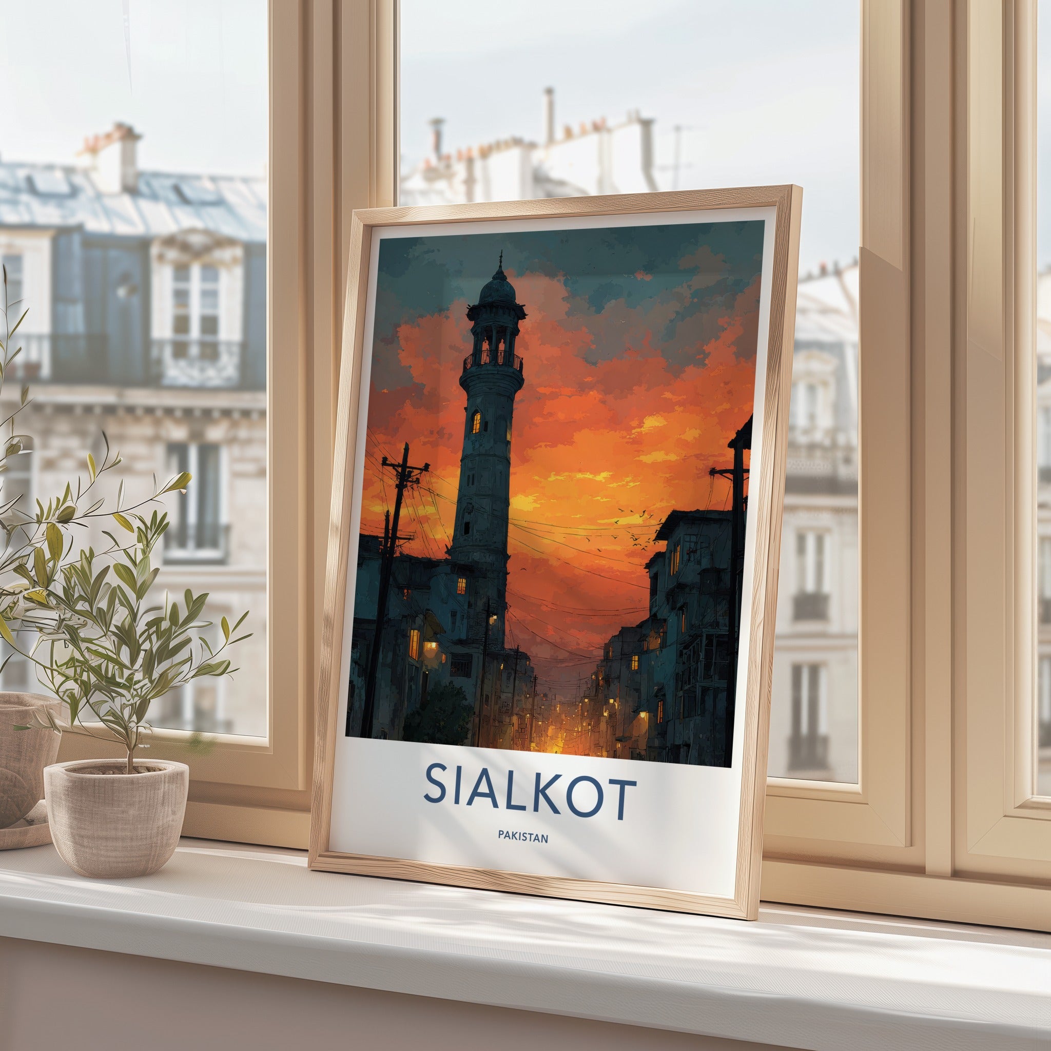 Sialkot Poster - Pakistan Travel Art - Sunset Minaret Lights Wall Decor
