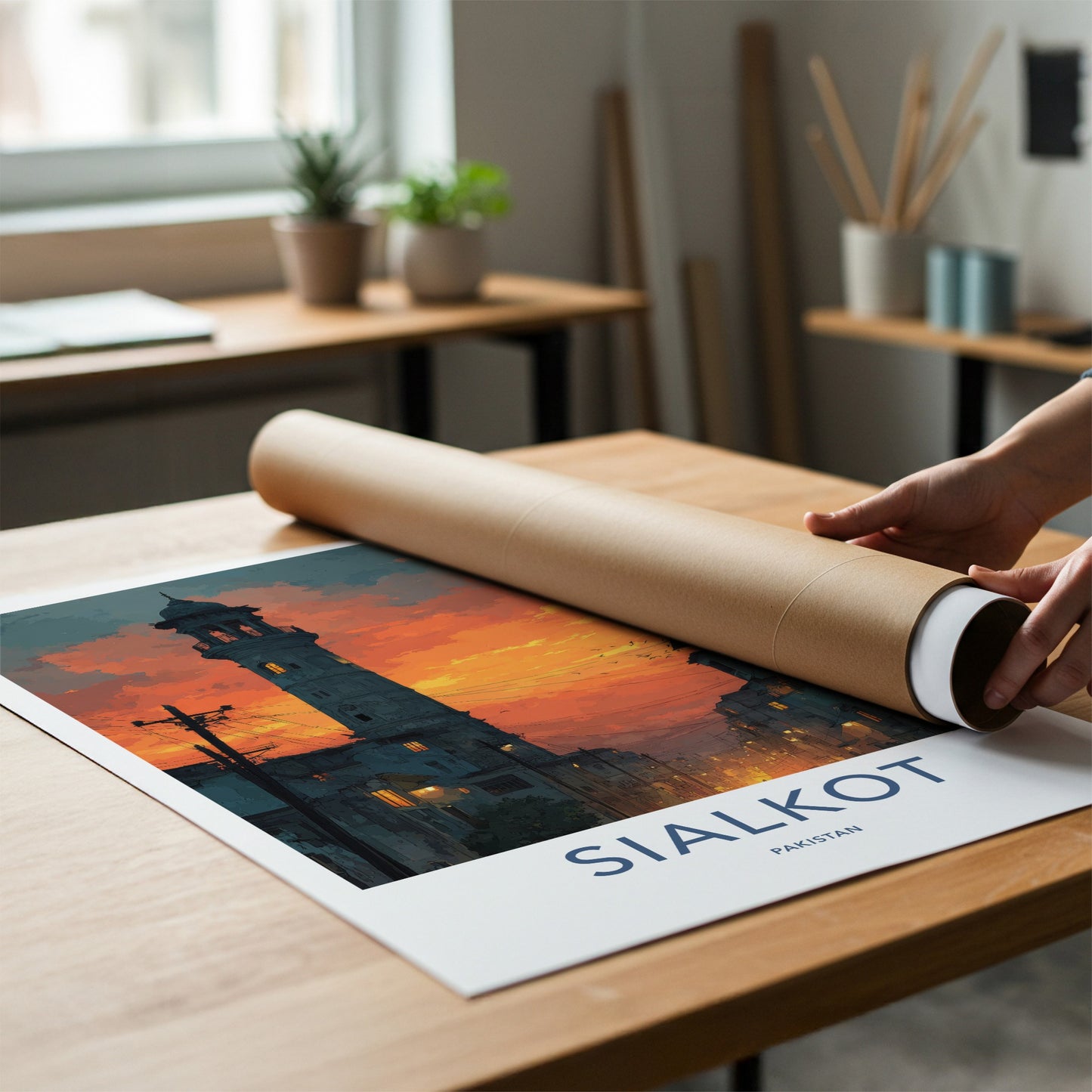 Sialkot Poster - Pakistan Travel Art - Sunset Minaret Lights Wall Decor