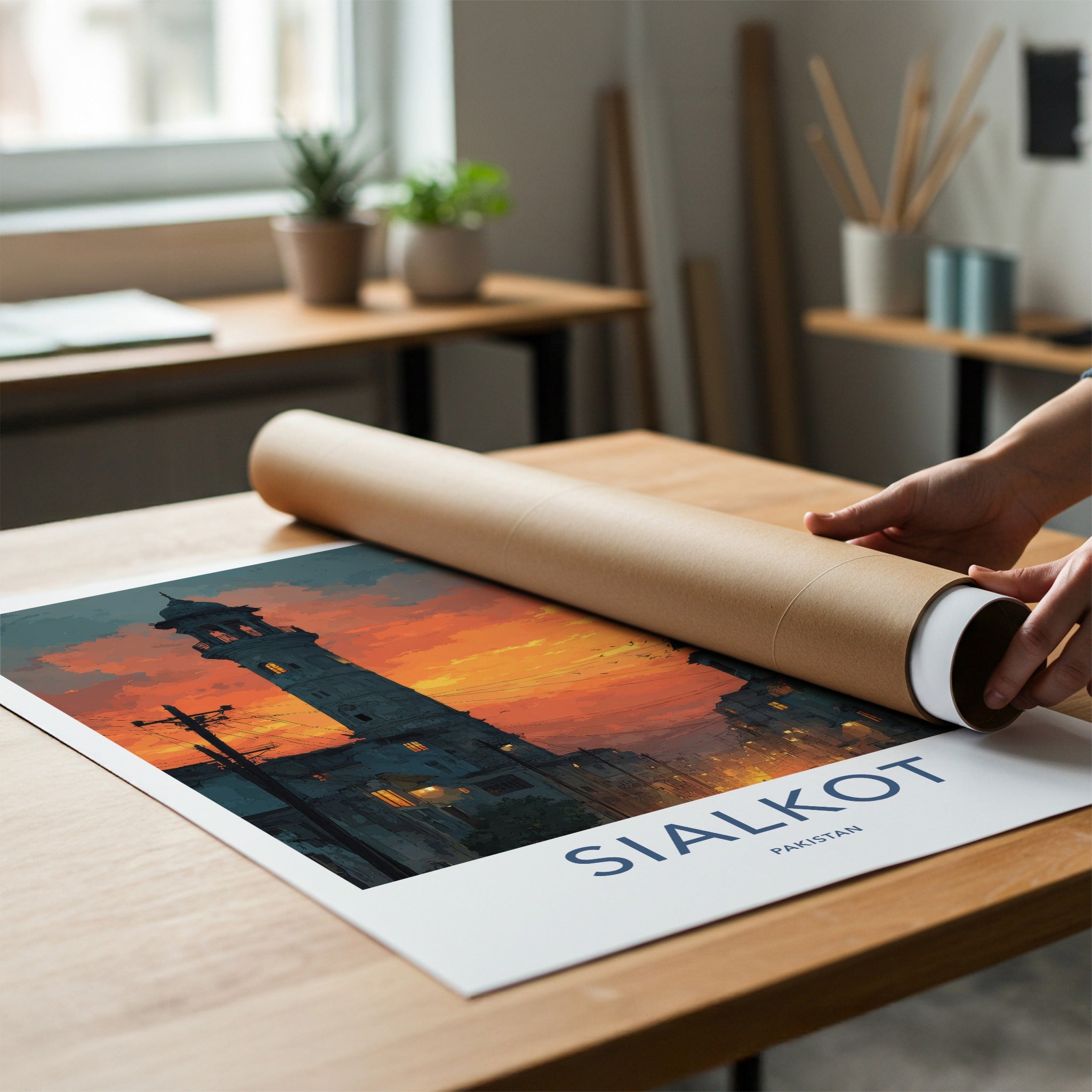 Sialkot Poster - Pakistan Travel Art - Sunset Minaret Lights Wall Decor