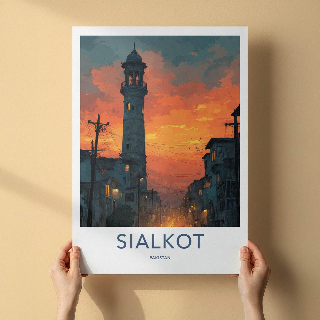 Sialkot Poster - Pakistan Travel Art - Sunset Minaret Lights Wall Decor