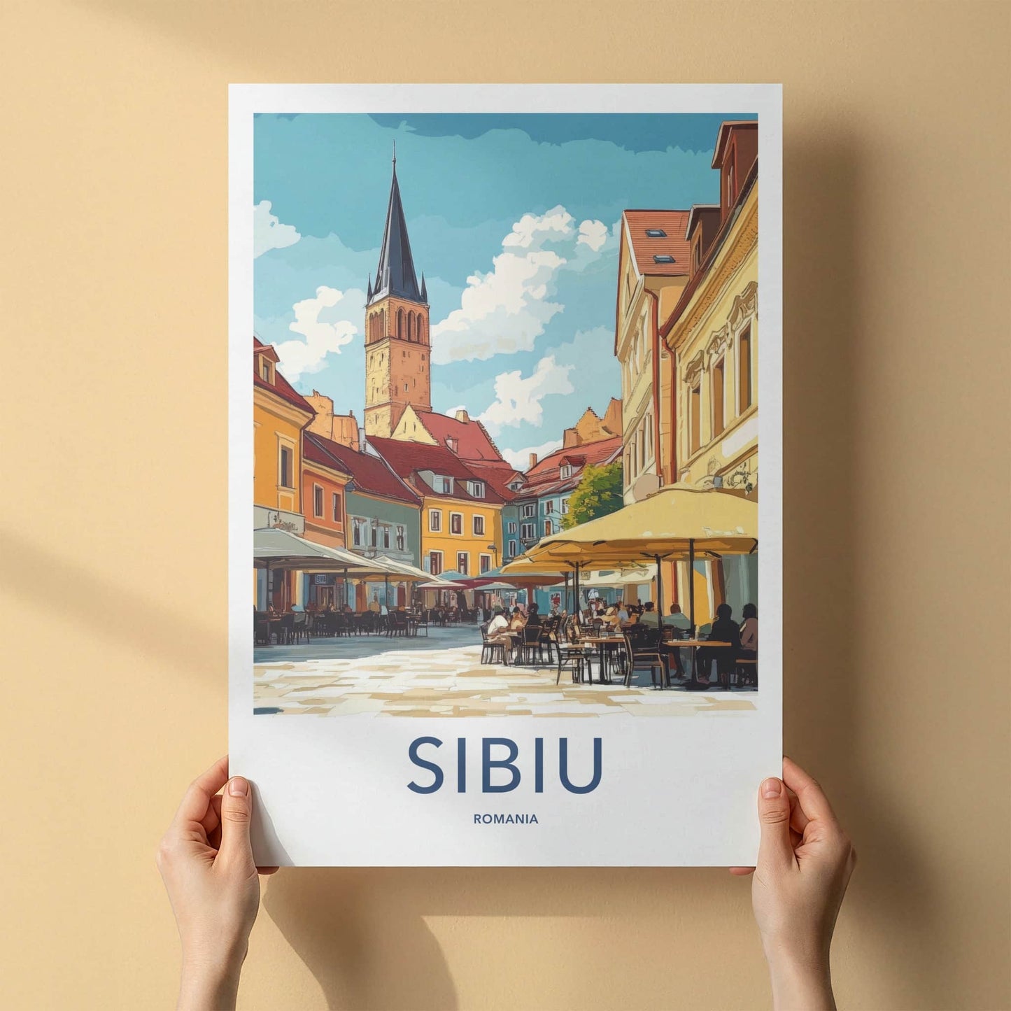 Sibiu Poster - Romania Travel Art - Historic Square Cafe Home Decor