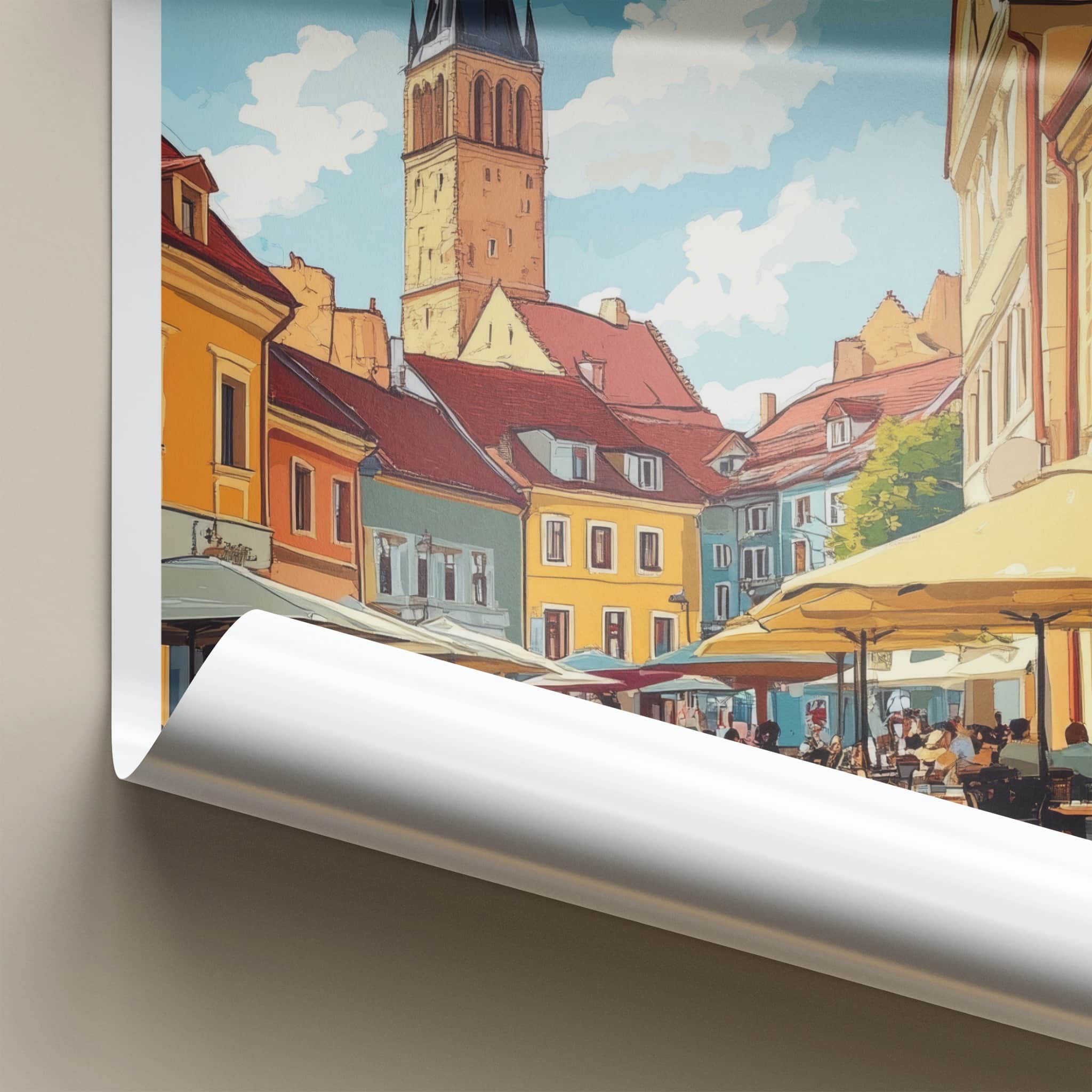 Sibiu Poster - Romania Travel Art - Historic Square Cafe Home Decor
