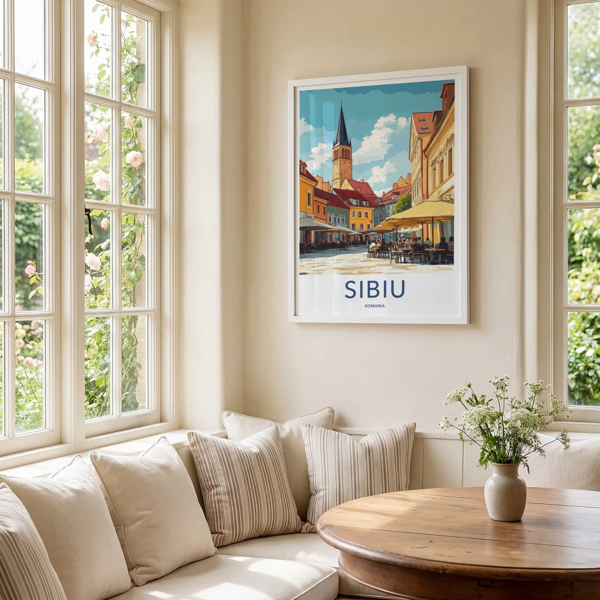 Sibiu Poster - Romania Travel Art - Historic Square Cafe Home Decor