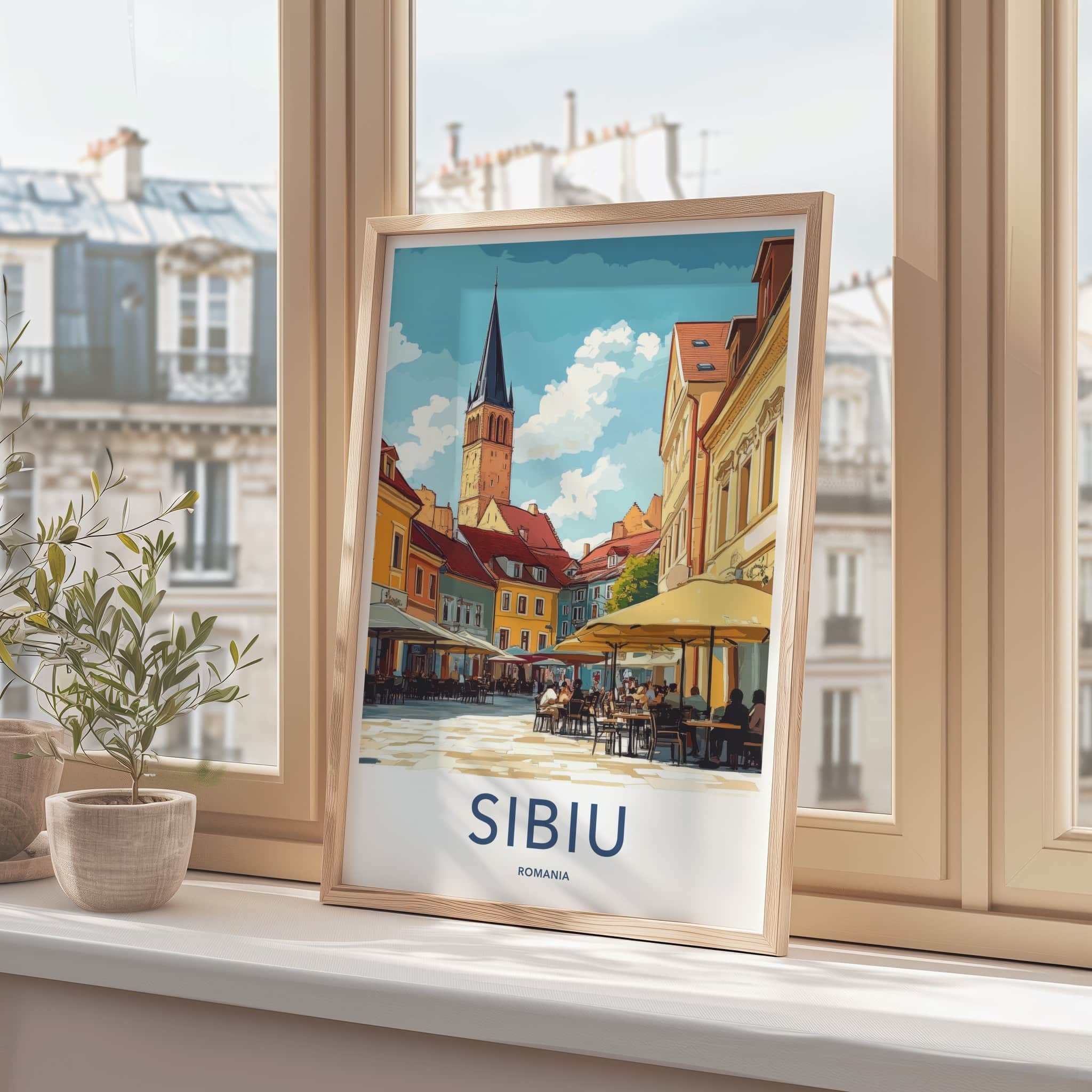 Sibiu Poster - Romania Travel Art - Historic Square Cafe Home Decor