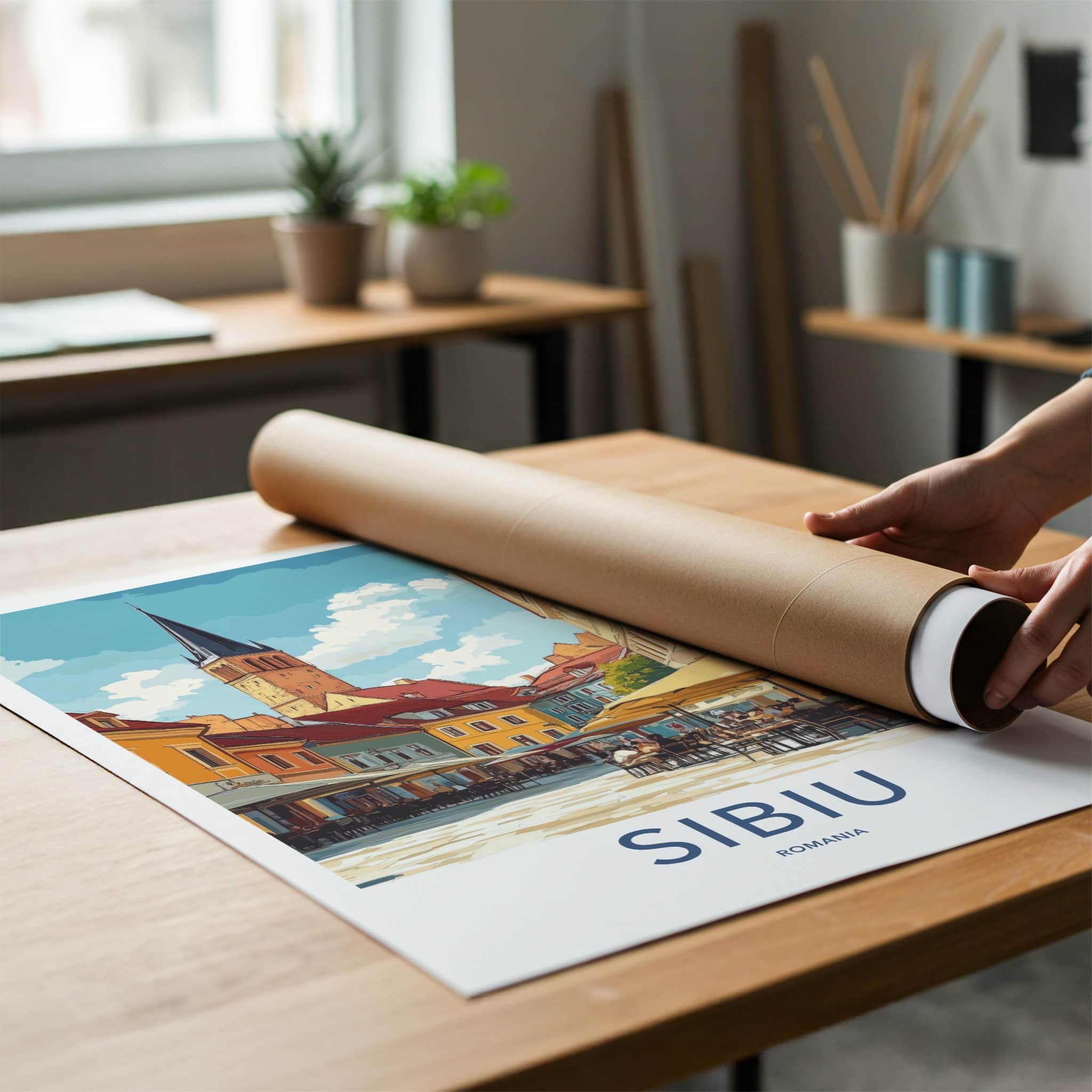 Sibiu Poster - Romania Travel Art - Historic Square Cafe Home Decor