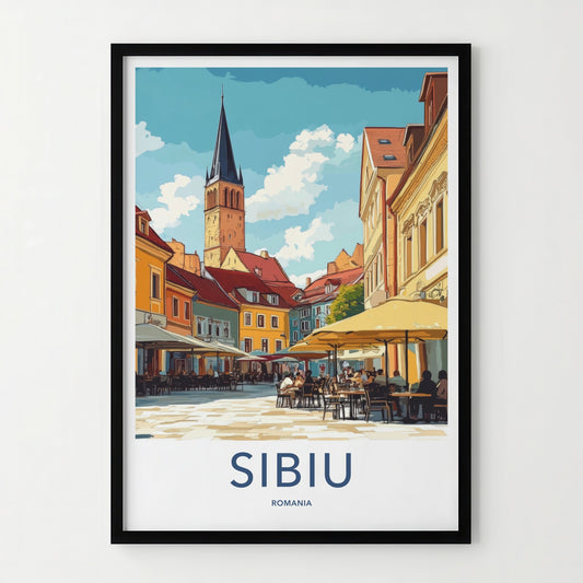 Sibiu Poster - Romania Travel Art - Historic Square Cafe Home Decor