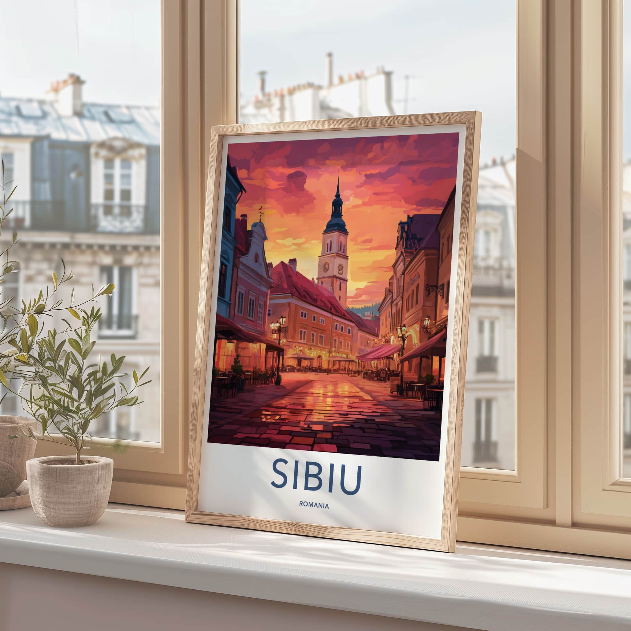 Sibiu Poster - Romania Travel Art - Vibrant Town Square Home Decor