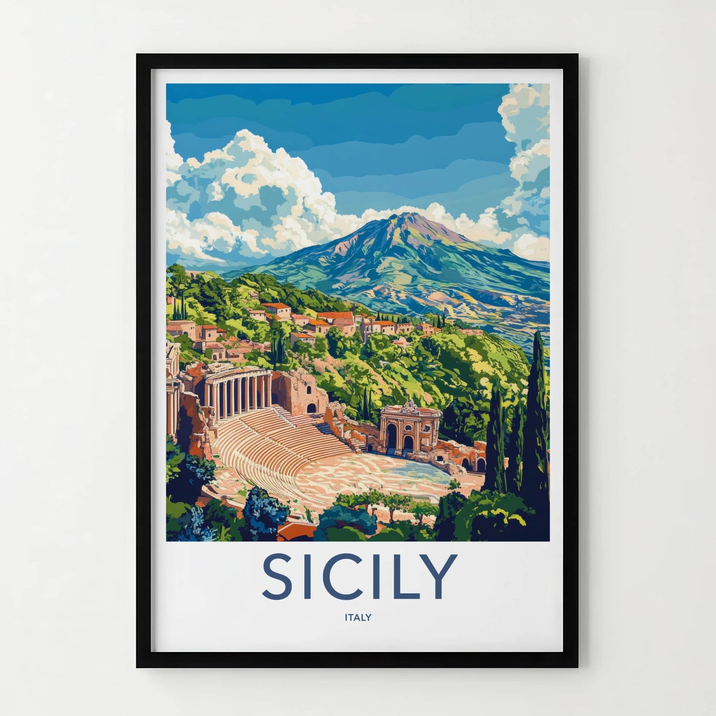 Sicily Poster - Italy Travel Art - Ancient Theater Etna Home Decor