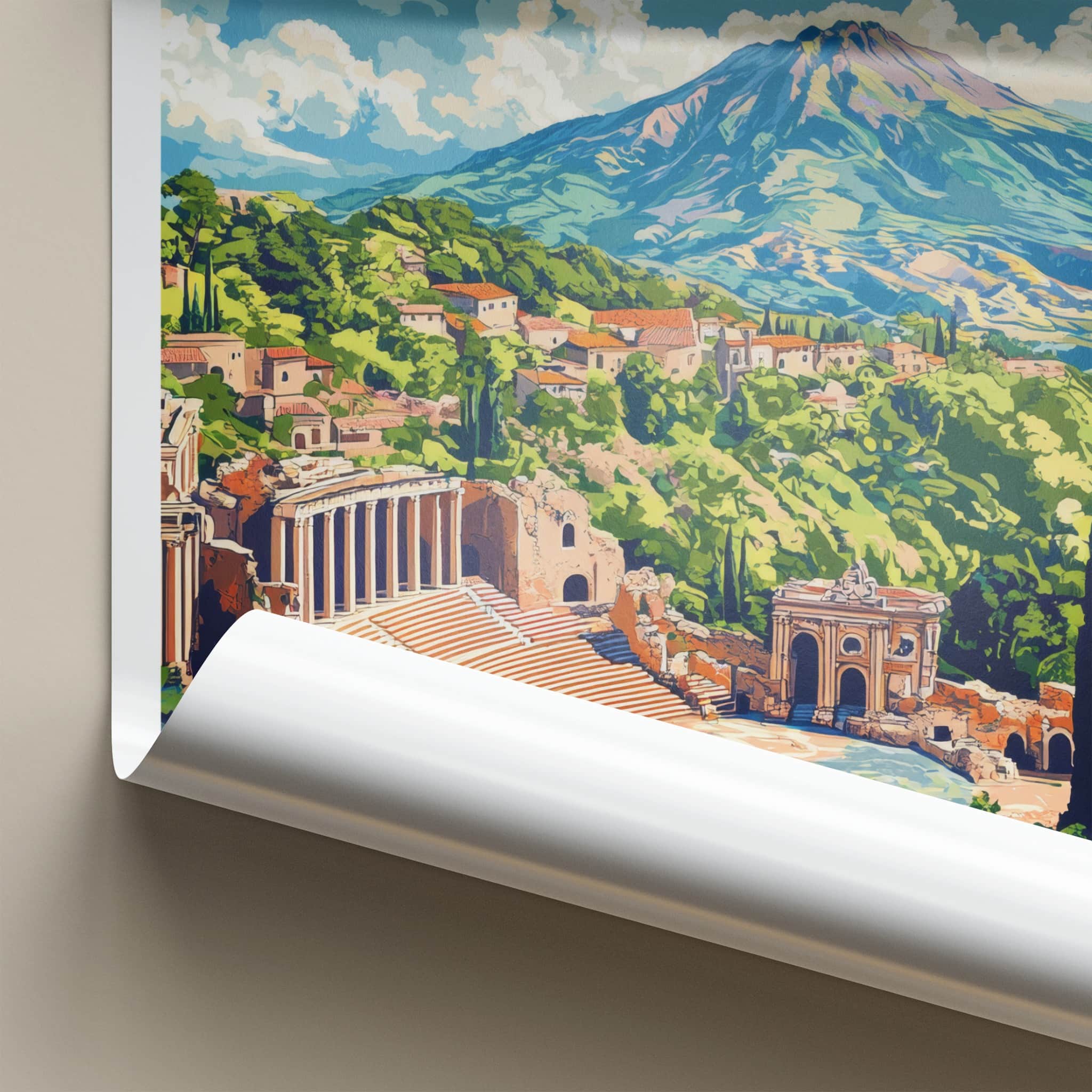 Sicily Poster - Italy Travel Art - Ancient Theater Etna Home Decor