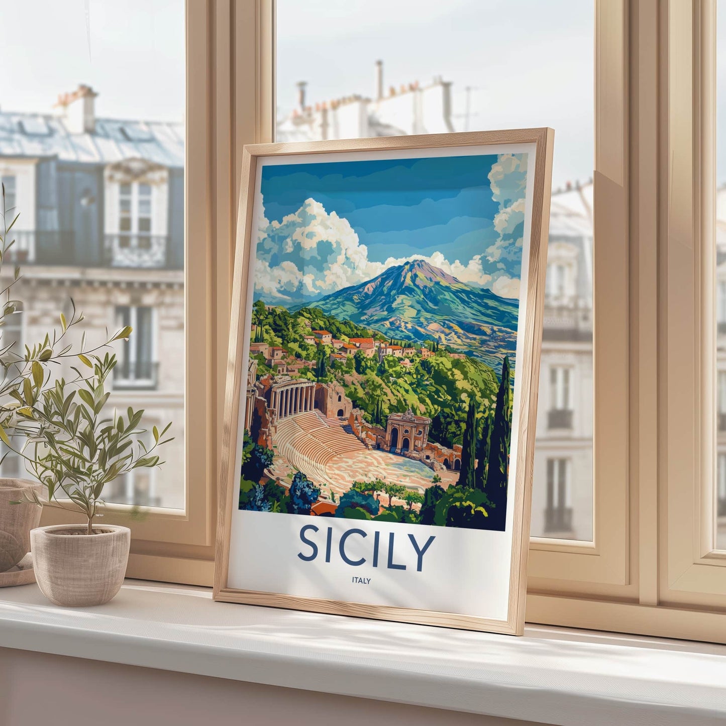 Sicily Poster - Italy Travel Art - Ancient Theater Etna Home Decor