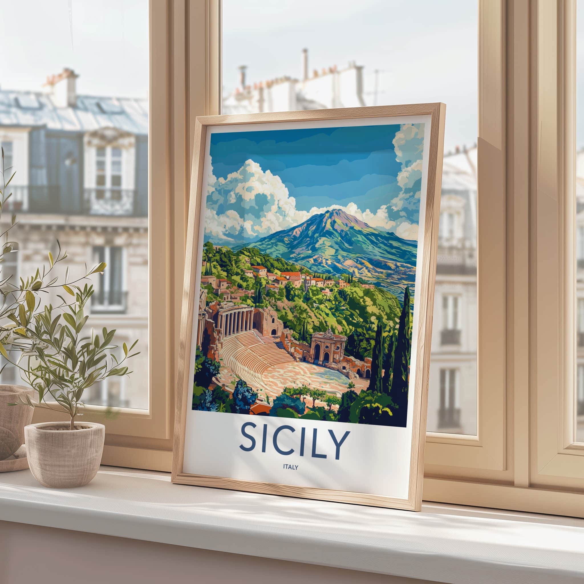 Sicily Poster - Italy Travel Art - Ancient Theater Etna Home Decor