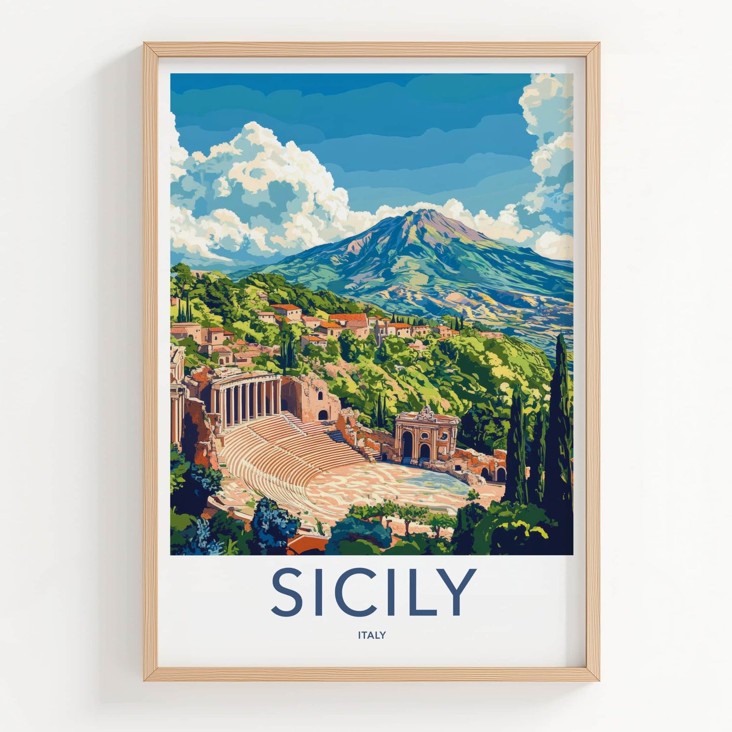 Sicily Poster - Italy Travel Art - Ancient Theater Etna Home Decor