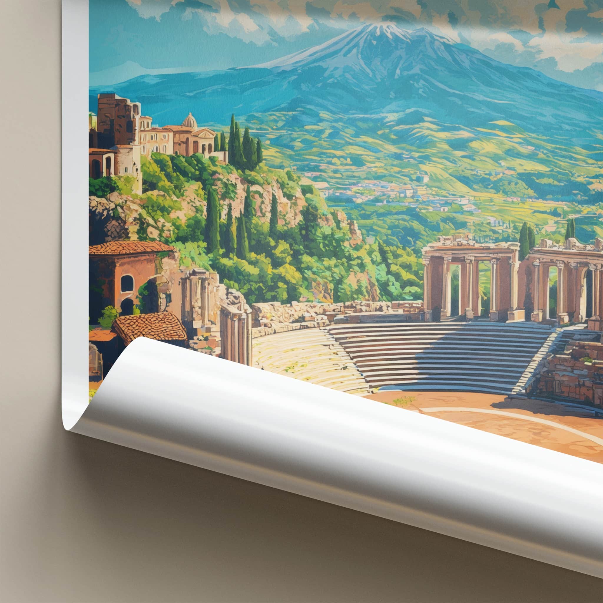 Sicily Poster - Italy Travel Art - Ancient Theater Etna Home Decor