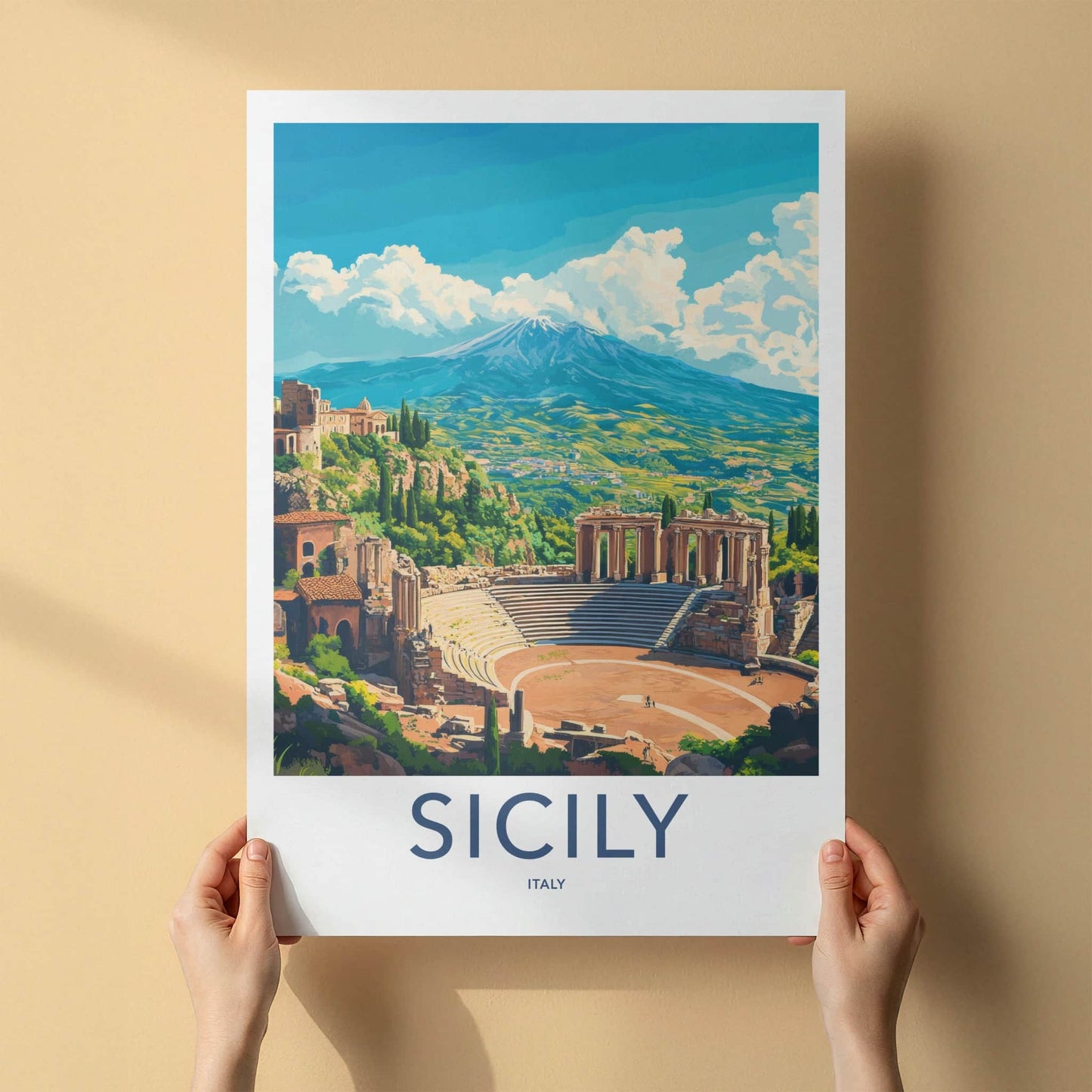Sicily Poster - Italy Travel Art - Ancient Theater Etna Home Decor