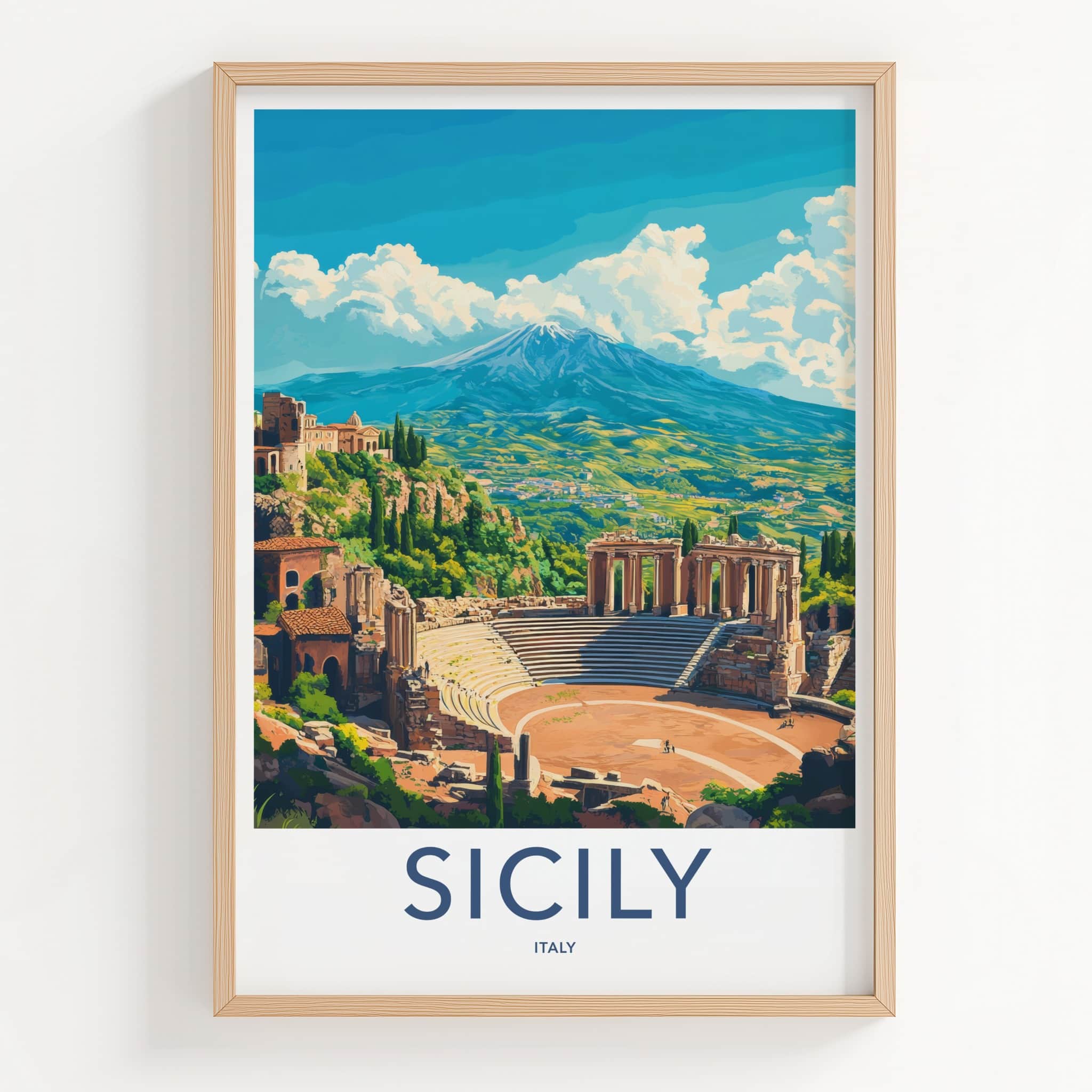 Sicily Poster - Italy Travel Art - Ancient Theater Etna Home Decor