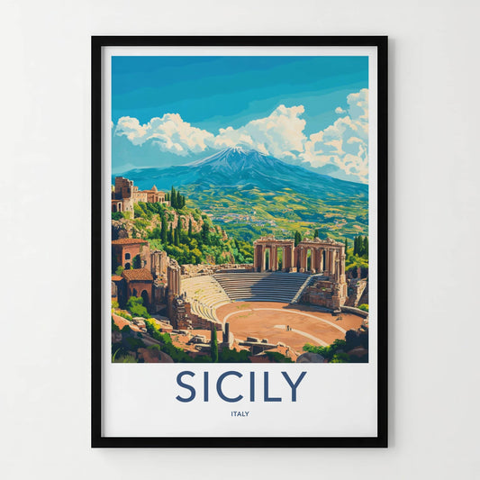 Sicily Poster - Italy Travel Art - Ancient Theater Etna Home Decor