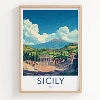 Sicily Poster - Italy Travel Art - Ancient Theater Etna Wall Decor