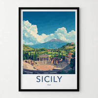 Sicily Poster - Italy Travel Art - Ancient Theater Etna Wall Decor