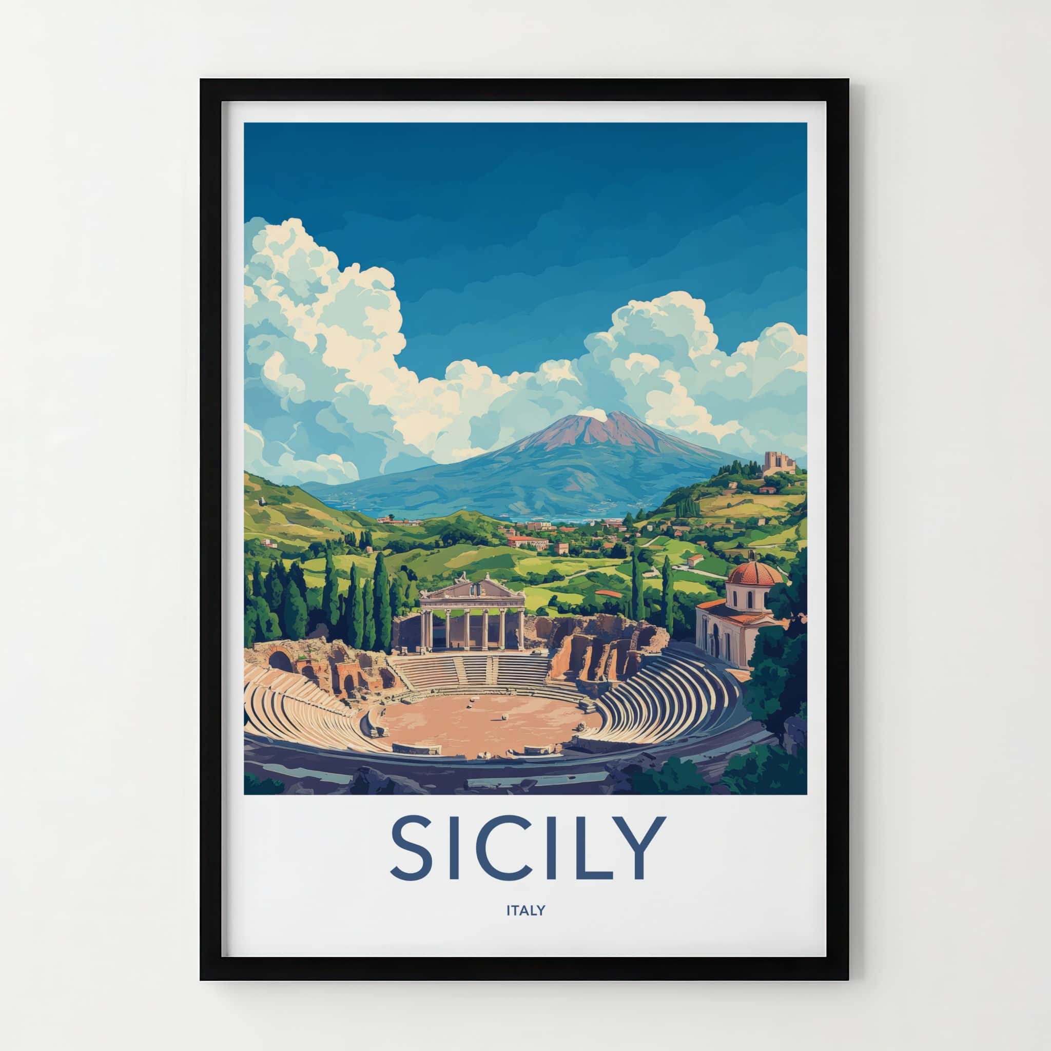 Sicily Poster - Italy Travel Art - Ancient Theater Etna Wall Decor