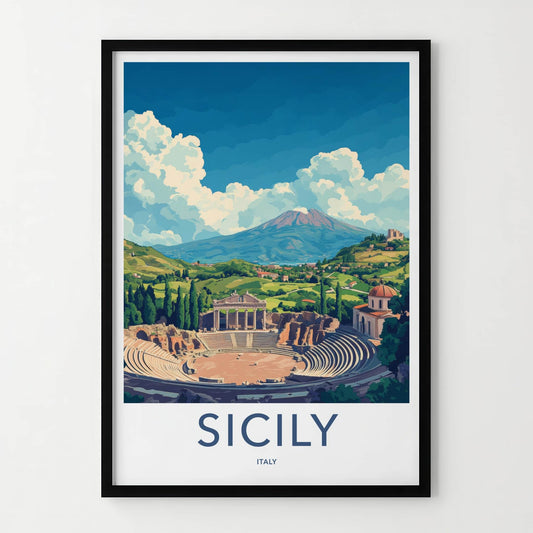 Sicily Poster - Italy Travel Art - Ancient Theater Etna Wall Decor