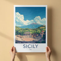 Sicily Poster - Italy Travel Art - Ancient Theater Etna Wall Decor