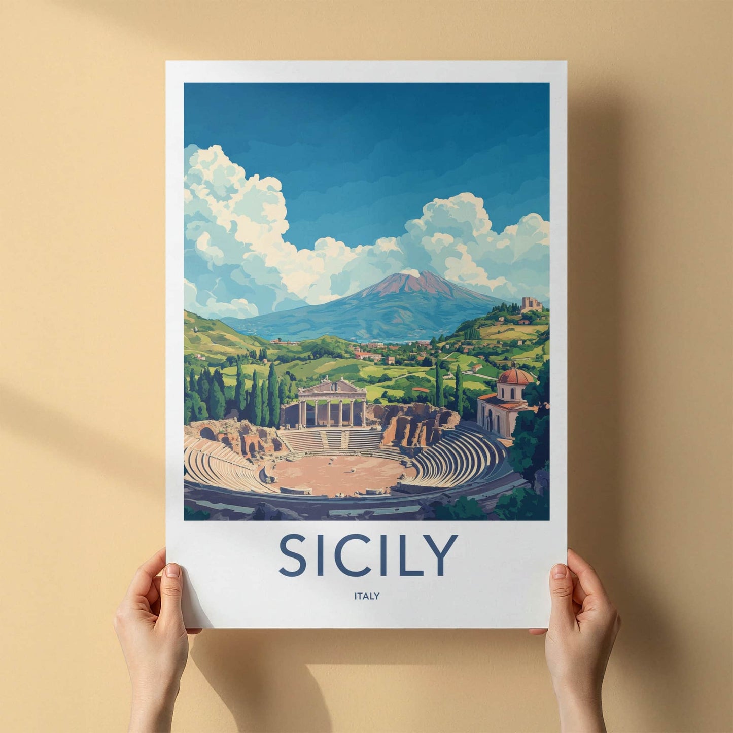 Sicily Poster - Italy Travel Art - Ancient Theater Etna Wall Decor