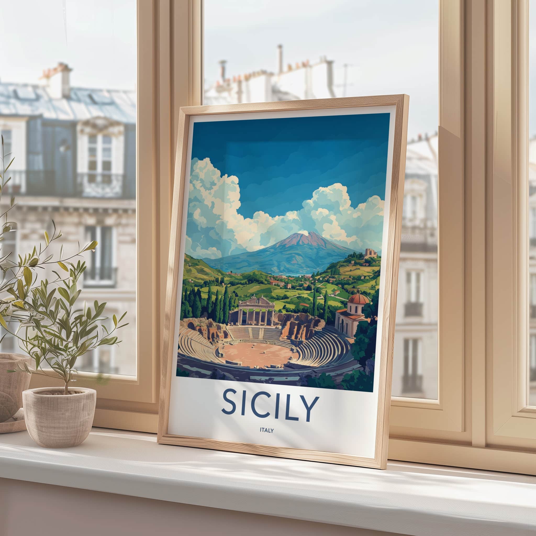 Sicily Poster - Italy Travel Art - Ancient Theater Etna Wall Decor